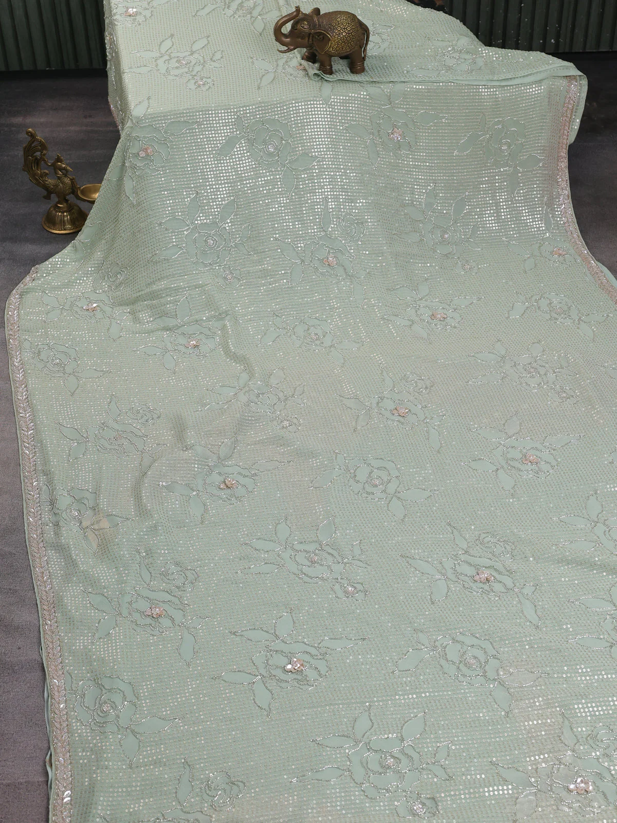 Pista Green Georgette Sequins Saree - Image 2