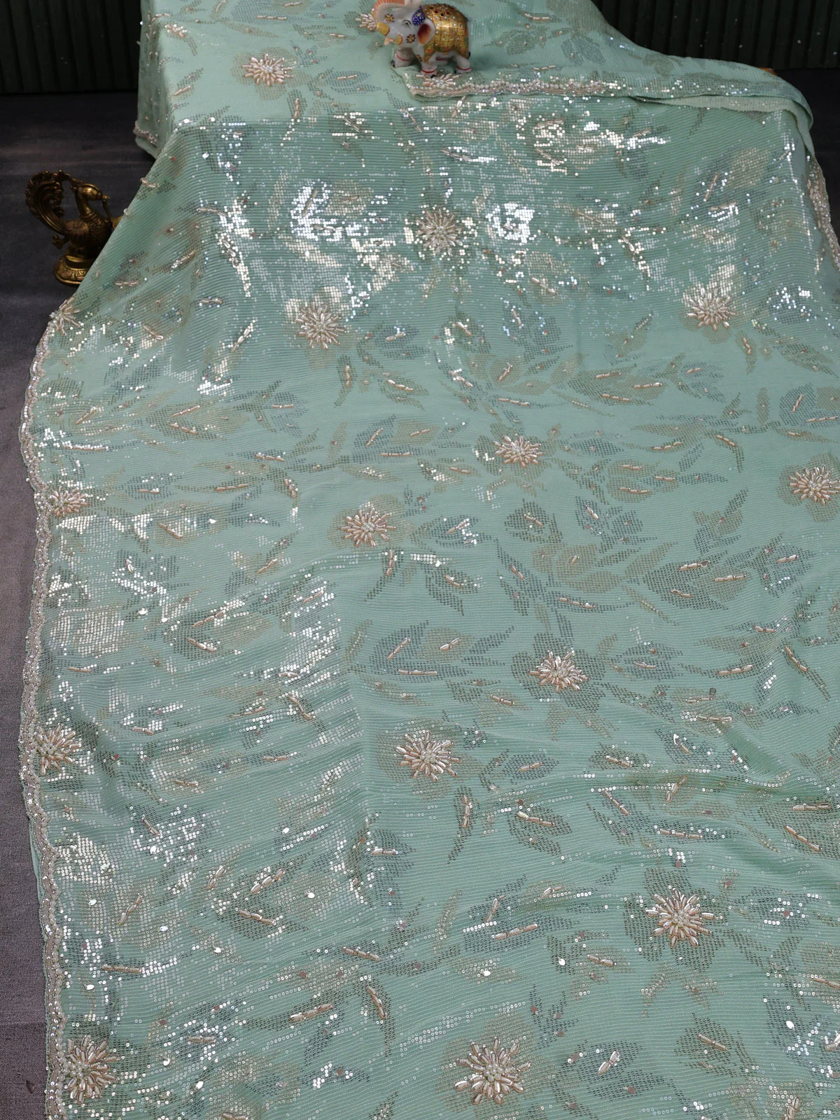 Pista Green Georgette Sequins Saree - Image 2