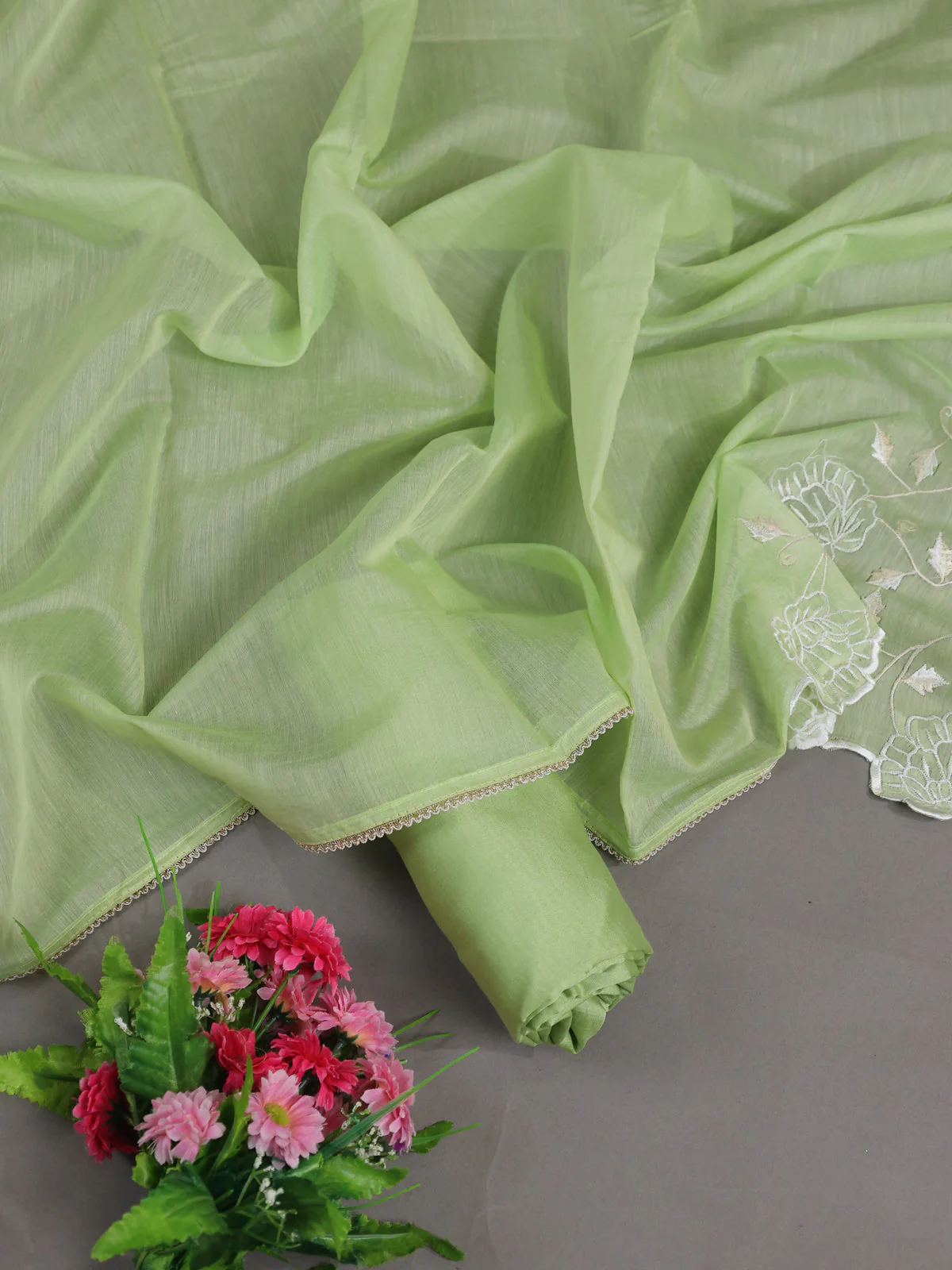 Pista Green Mul Chanderi Semi Stitched Suit - Image 2