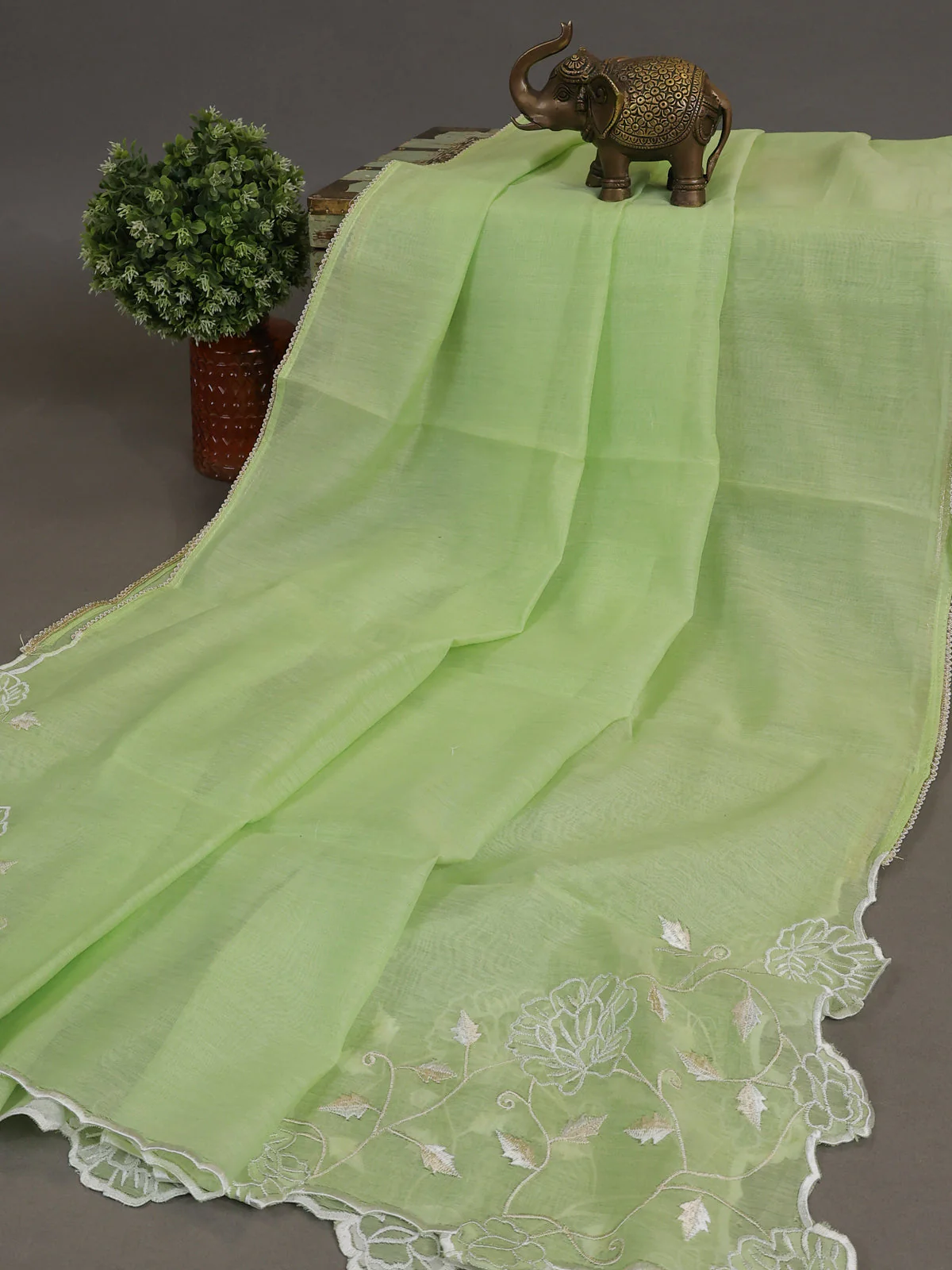 Pista Green Mul Chanderi Semi Stitched Suit - Image 3