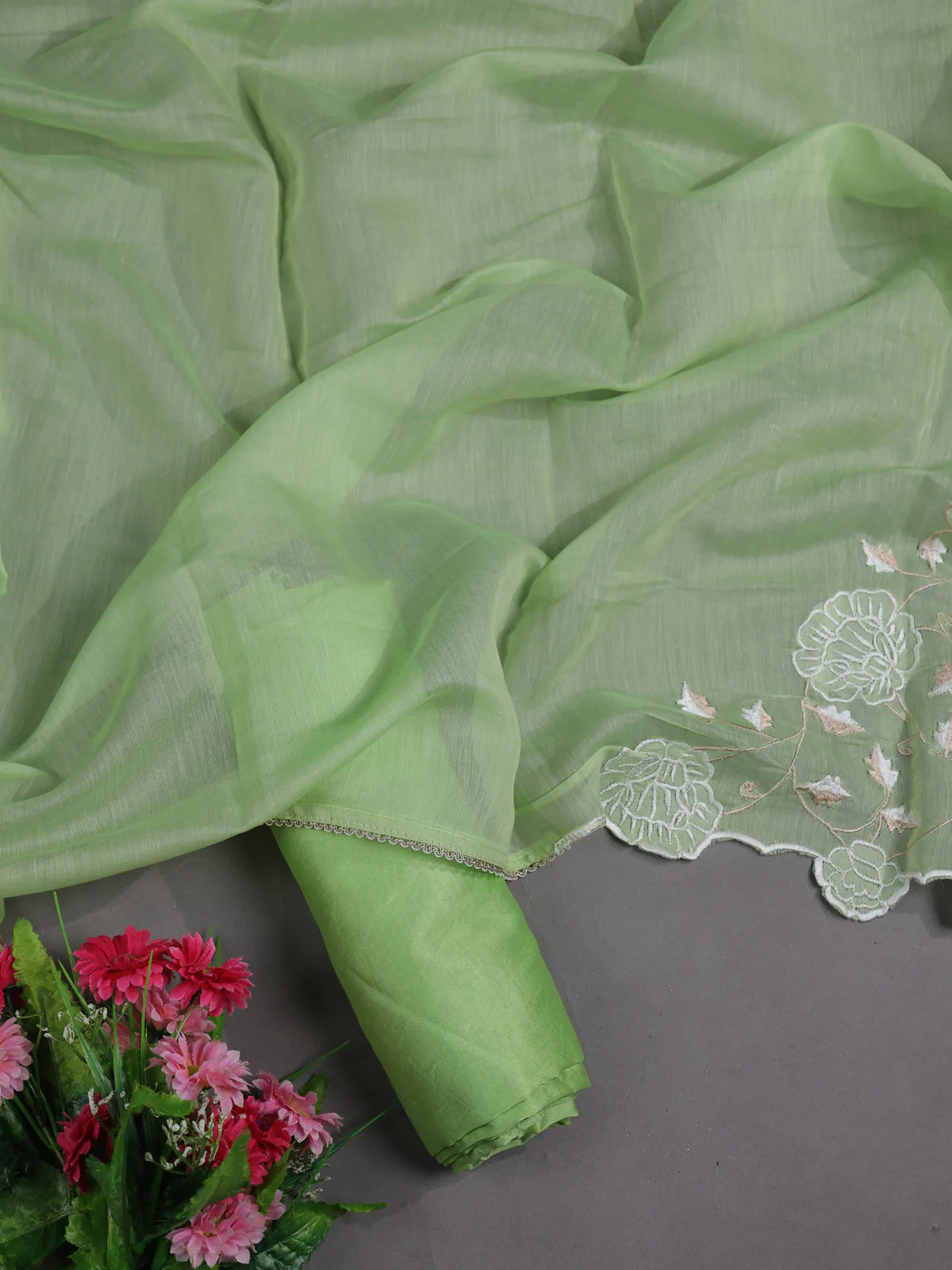 Pista Green Mul Chanderi Semi Stitched Suit - Image 2