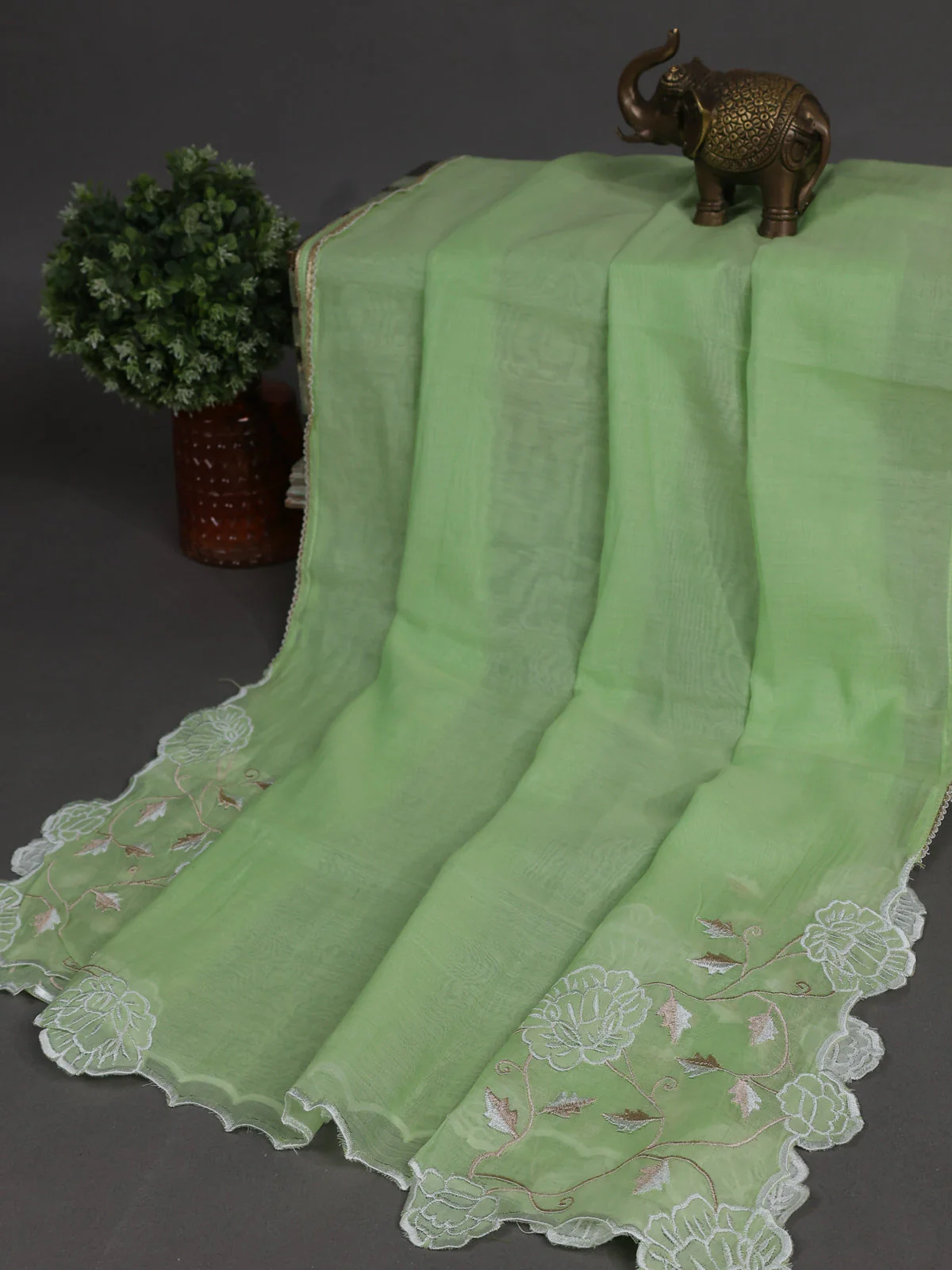 Pista Green Mul Chanderi Semi Stitched Suit - Image 3