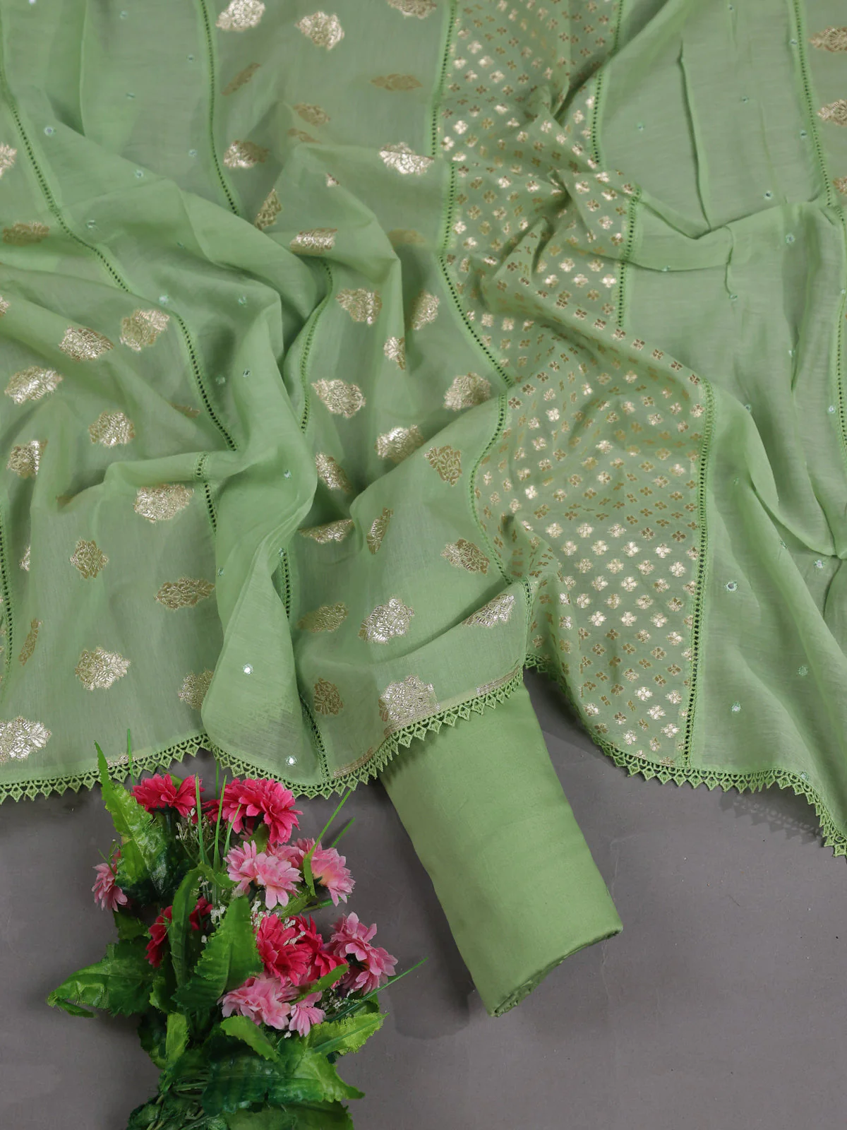 Pista Green Mul Chanderi Unstitched Suit - Image 2