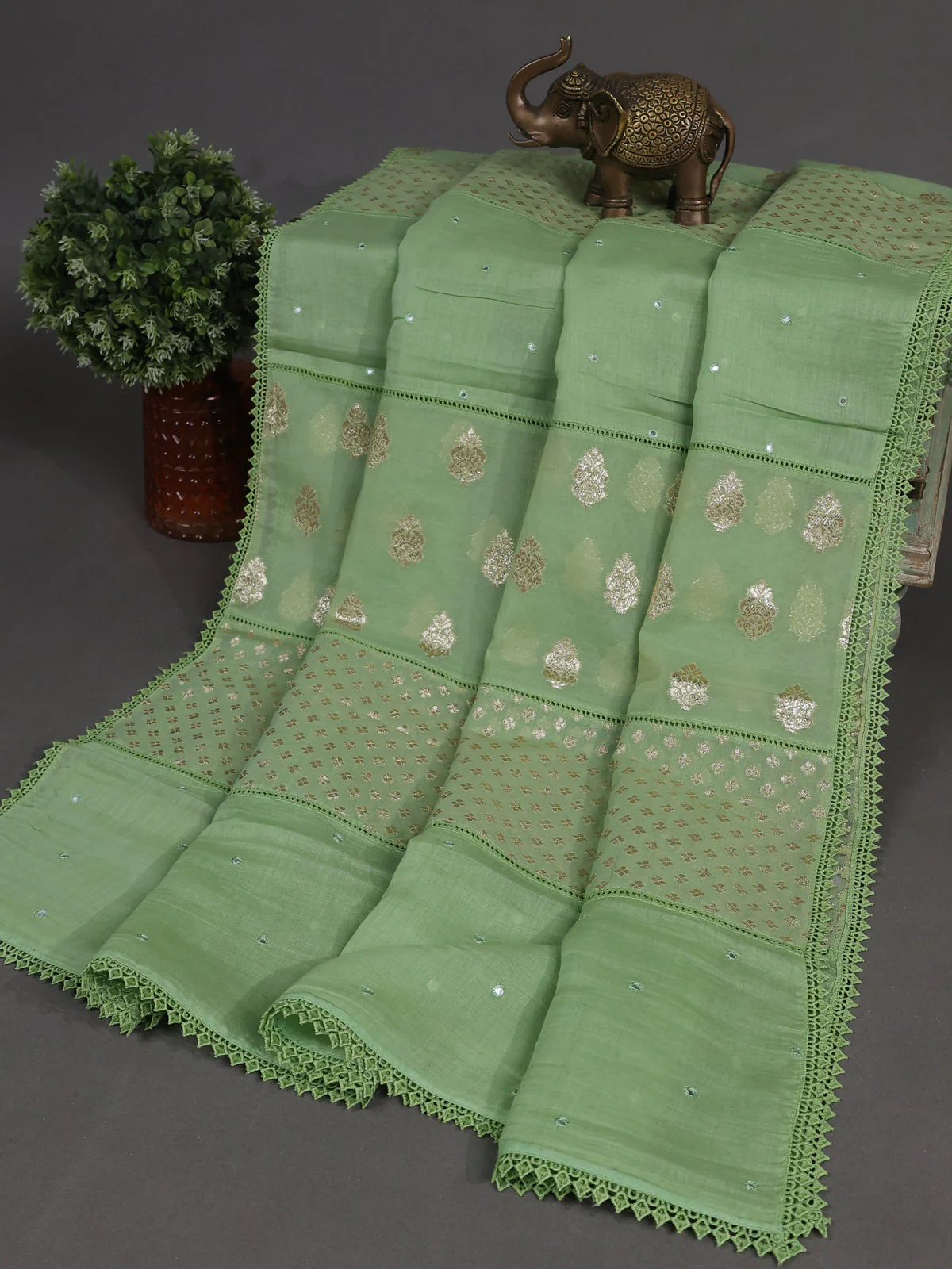 Pista Green Mul Chanderi Unstitched Suit - Image 3