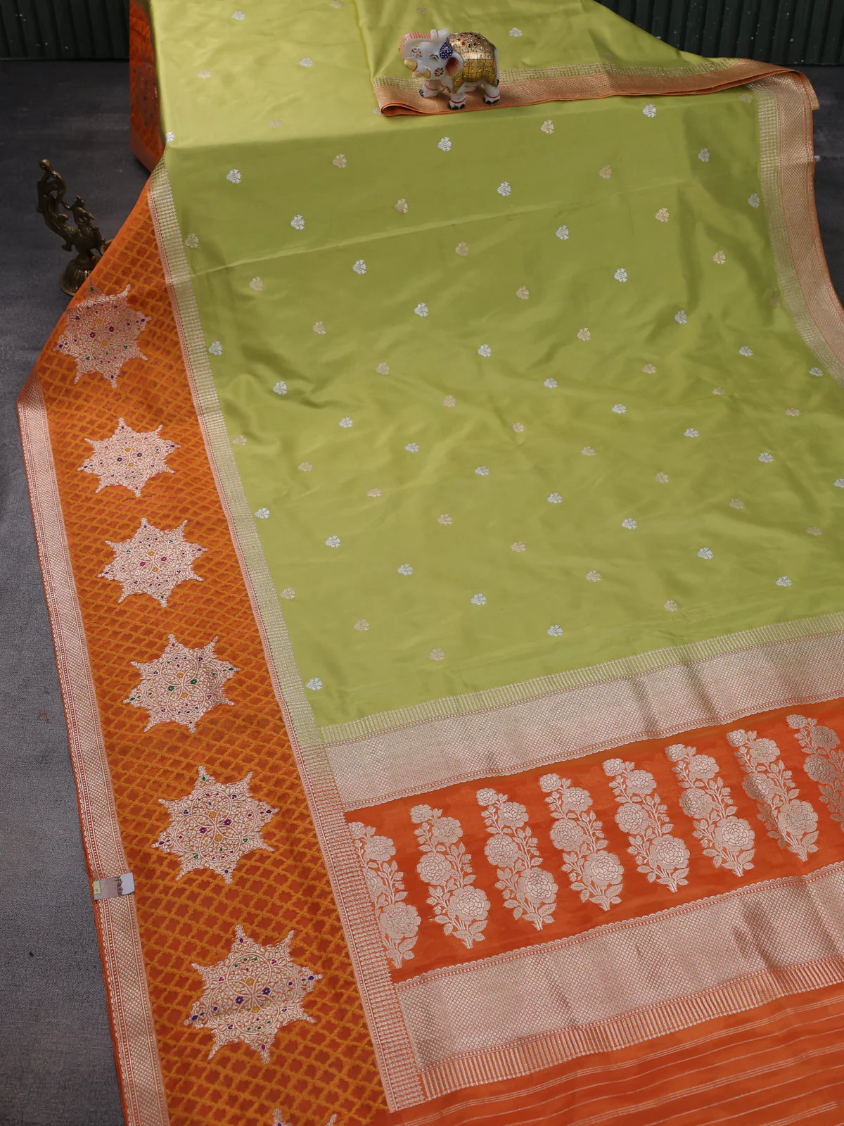 Pista Green-Orange Banarasi Silk Saree - Image 2