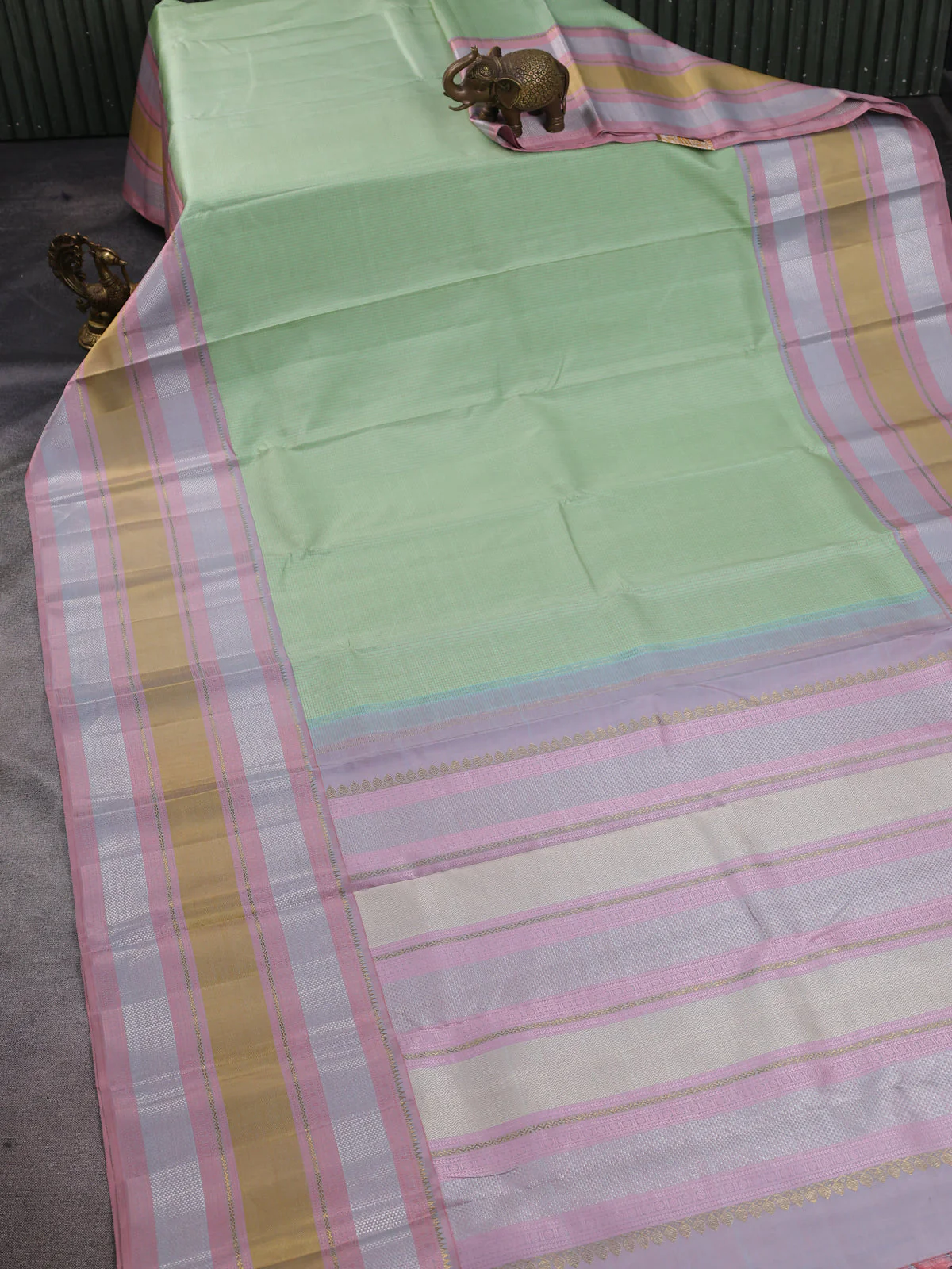 Pista Green - Peach Green Teal - Mint Blue Kanchipuram Silk Saree - Image 2