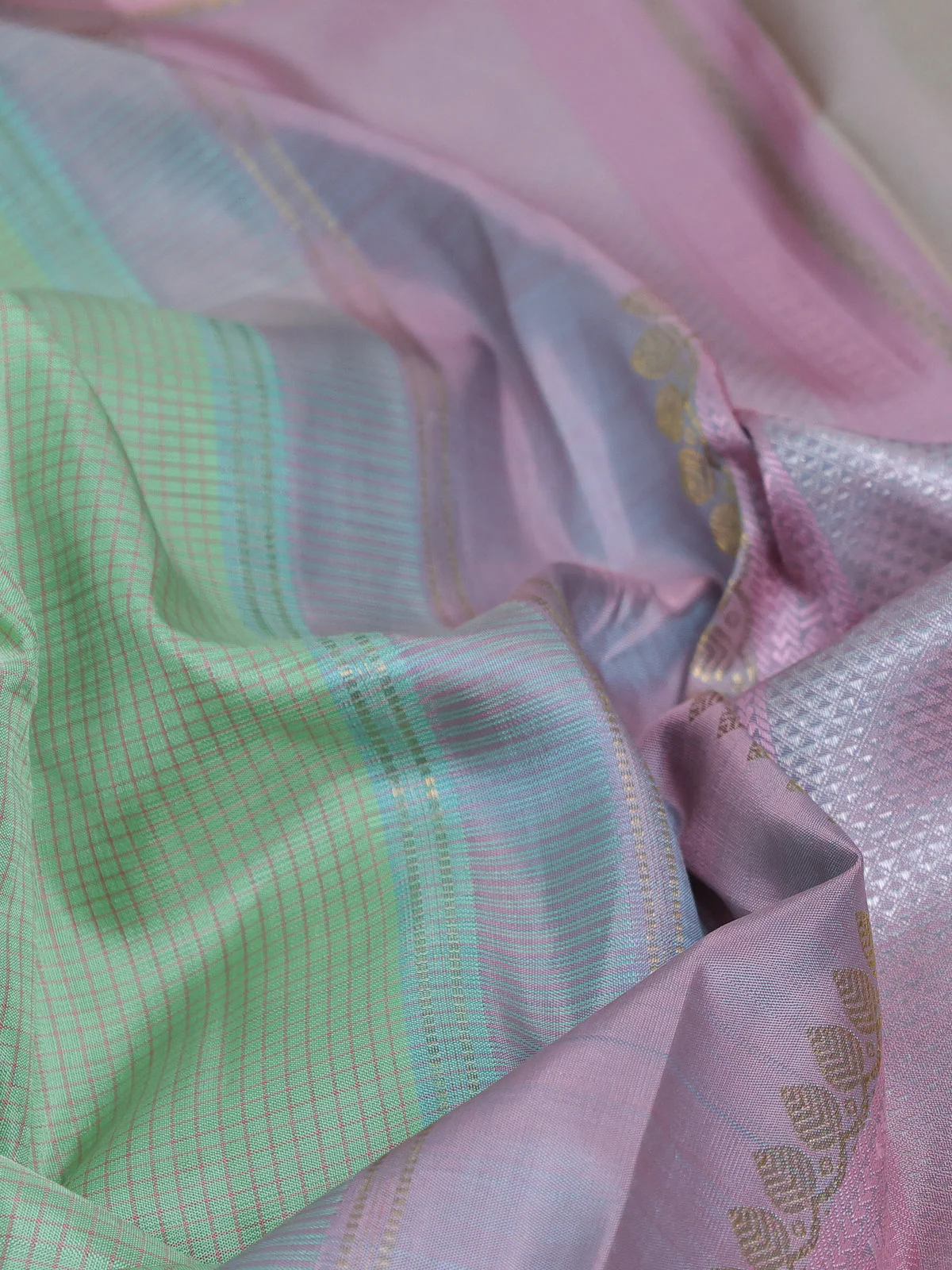 Pista Green - Peach Green Teal - Mint Blue Kanchipuram Silk Saree - Image 3