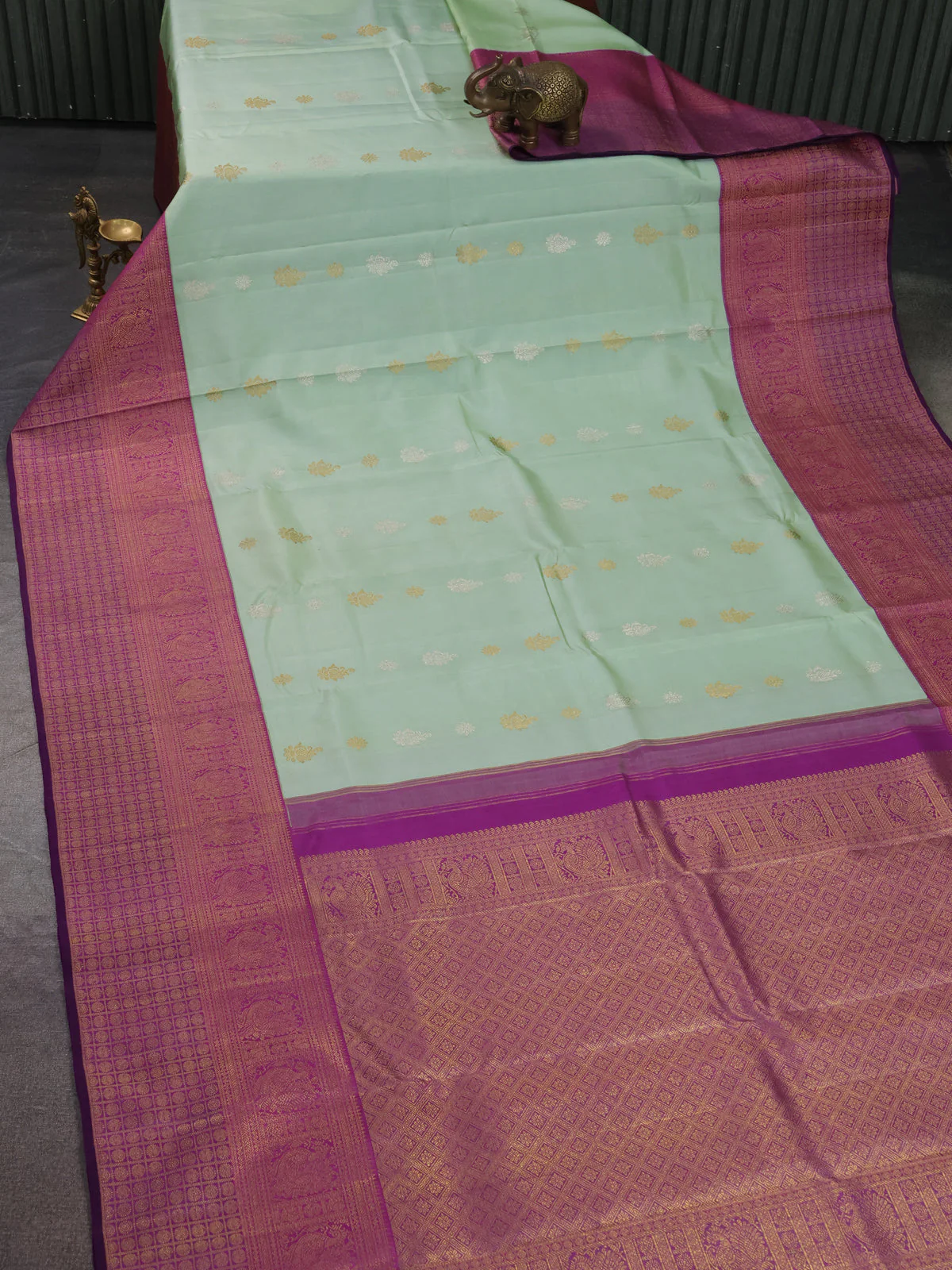 Pista Green - Purple Pure Kanchipuram Silk Saree - Image 2