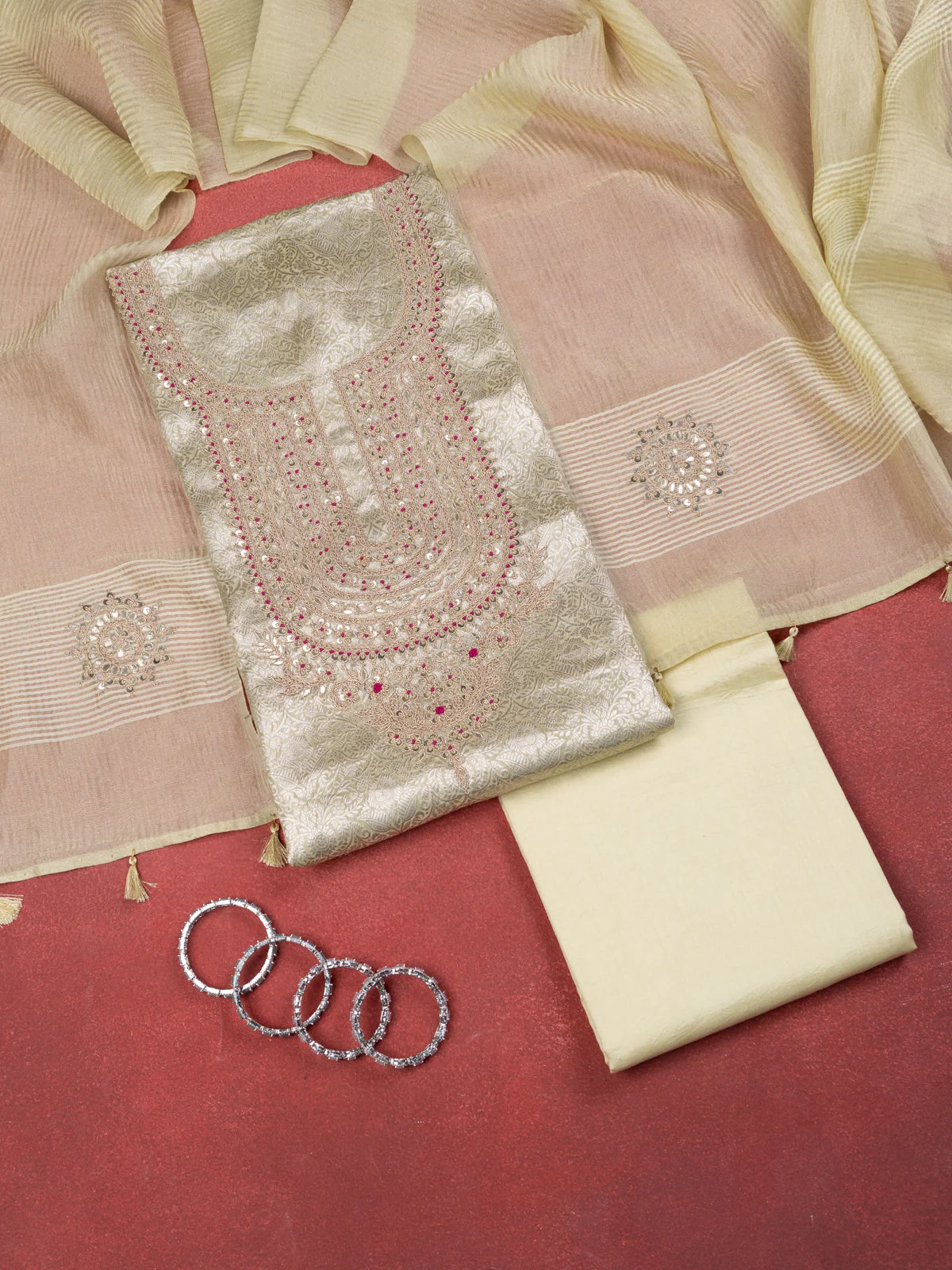 Pista Green Tissue Silk Unstitched Suit with Heavy Zari