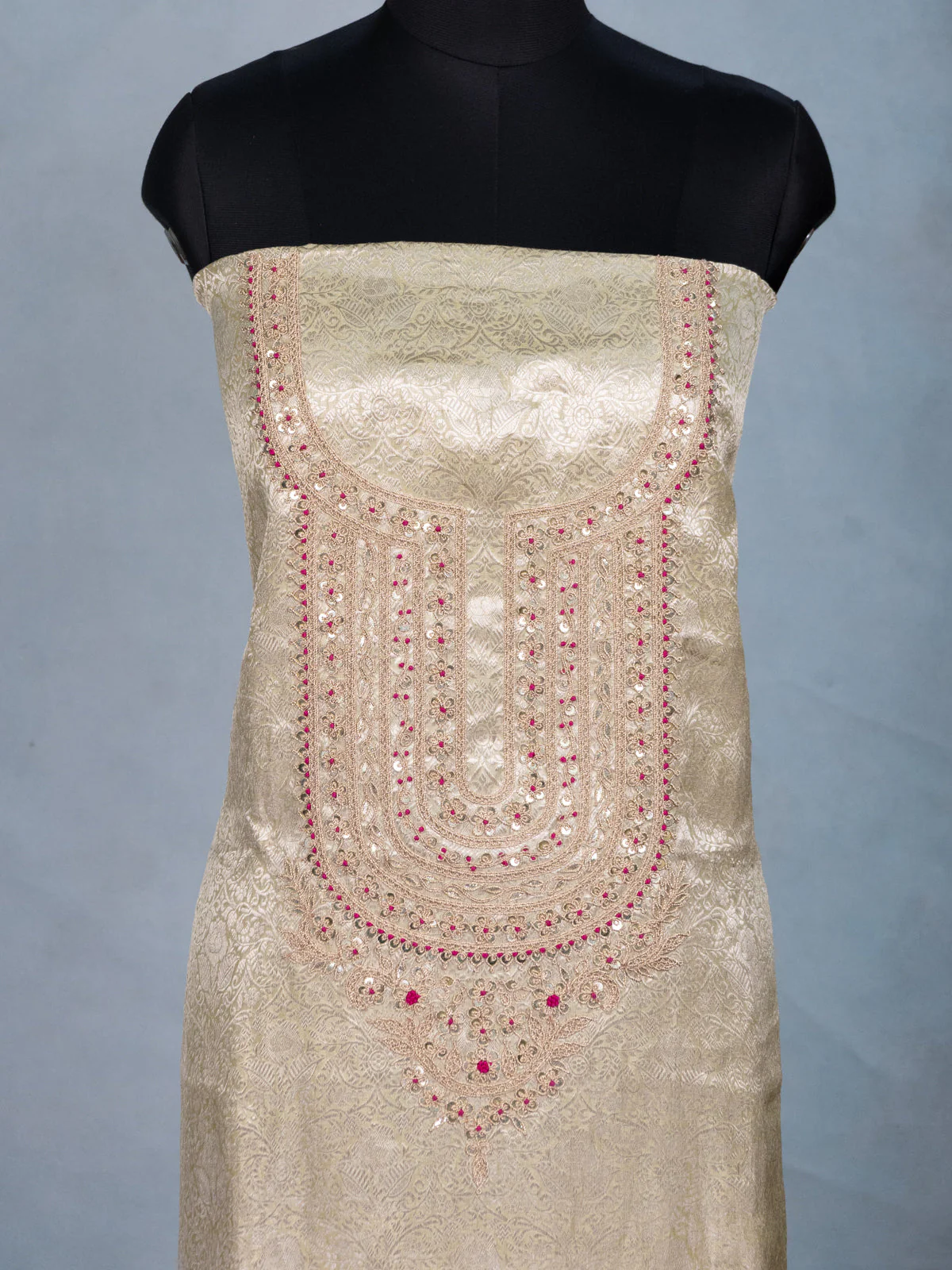Pista Green Tissue Silk Unstitched Suit with Heavy Zari - Image 2