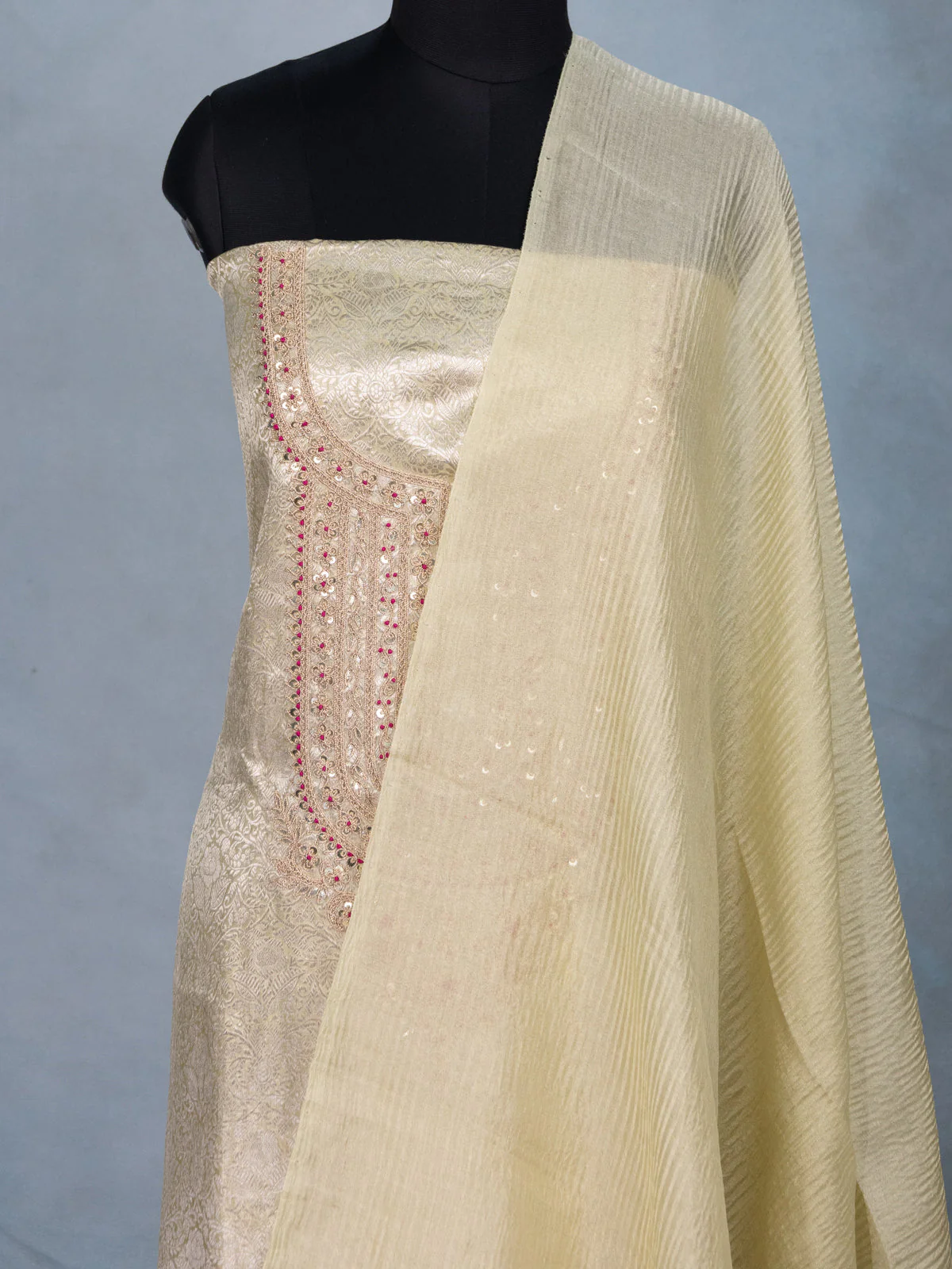 Pista Green Tissue Silk Unstitched Suit with Heavy Zari - Image 3