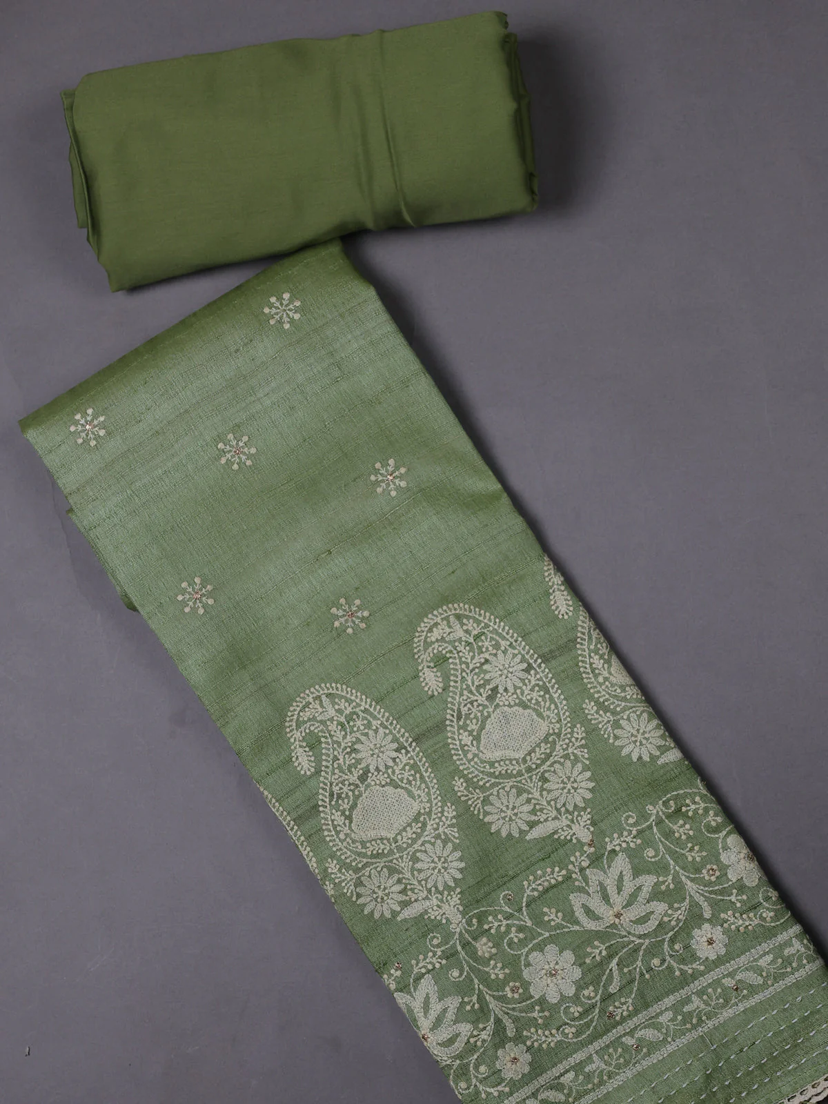 Pista Green Tussar Silk Unstitched Suit - Image 2