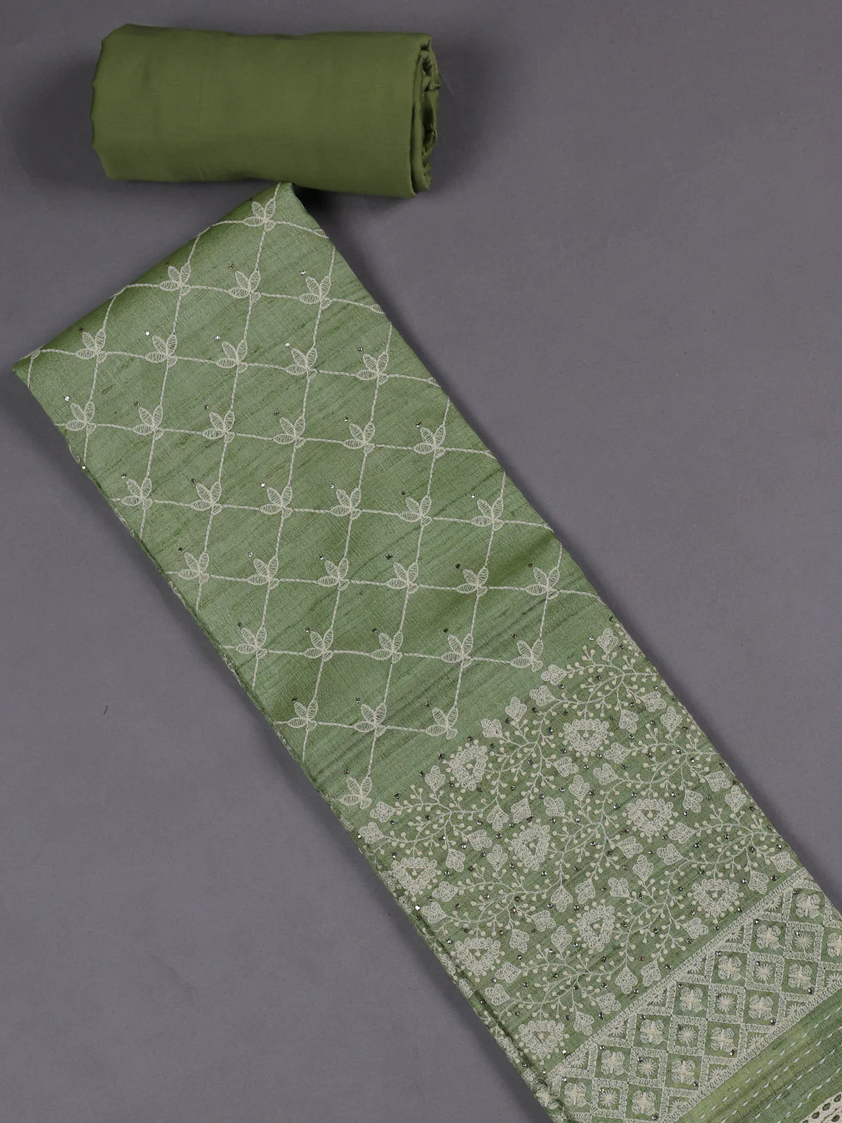 Pista Green Tussar Silk Unstitched Suit - Image 2