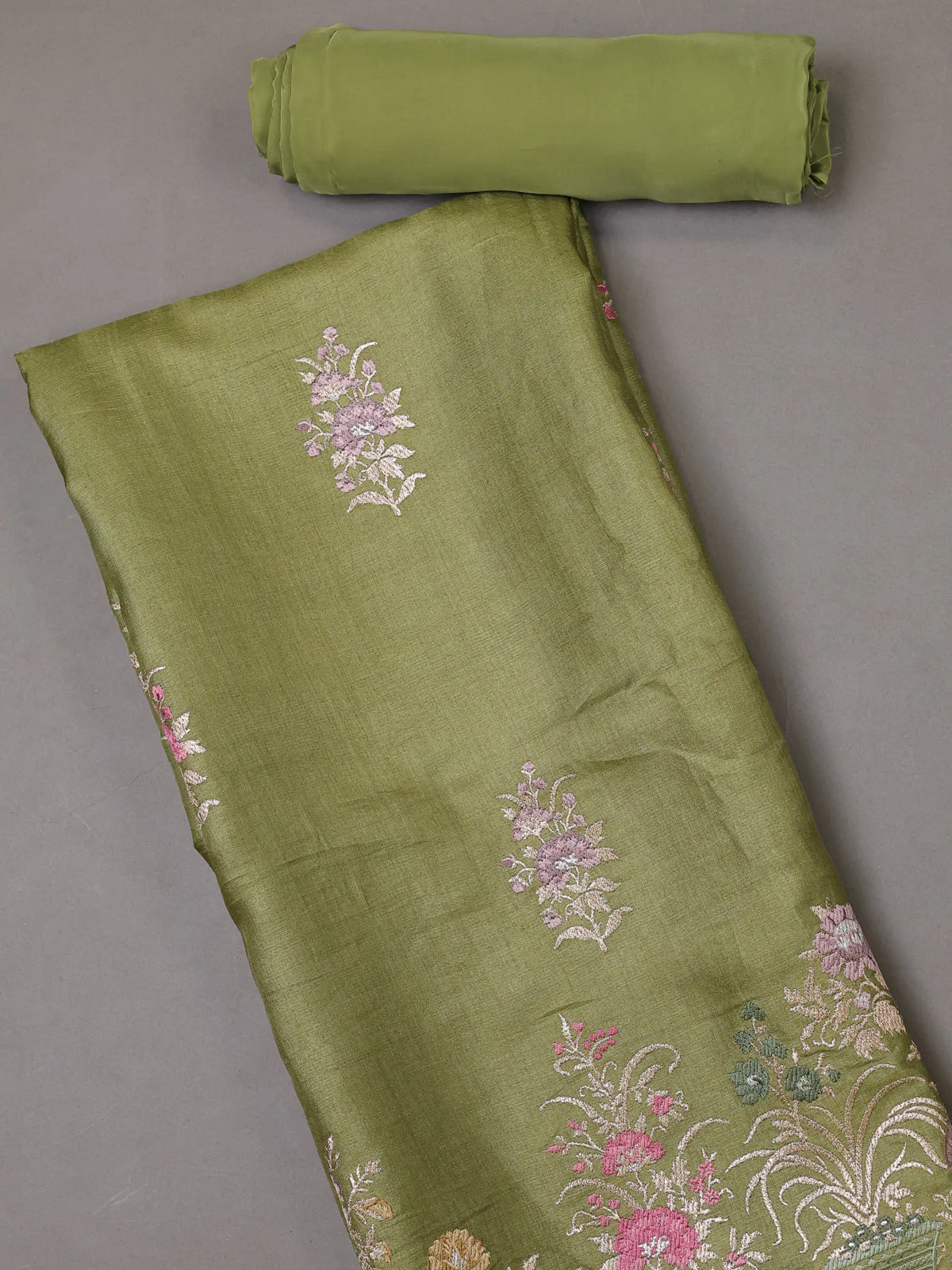Pista Green Tussar Silk Unstitched Suit - Image 2