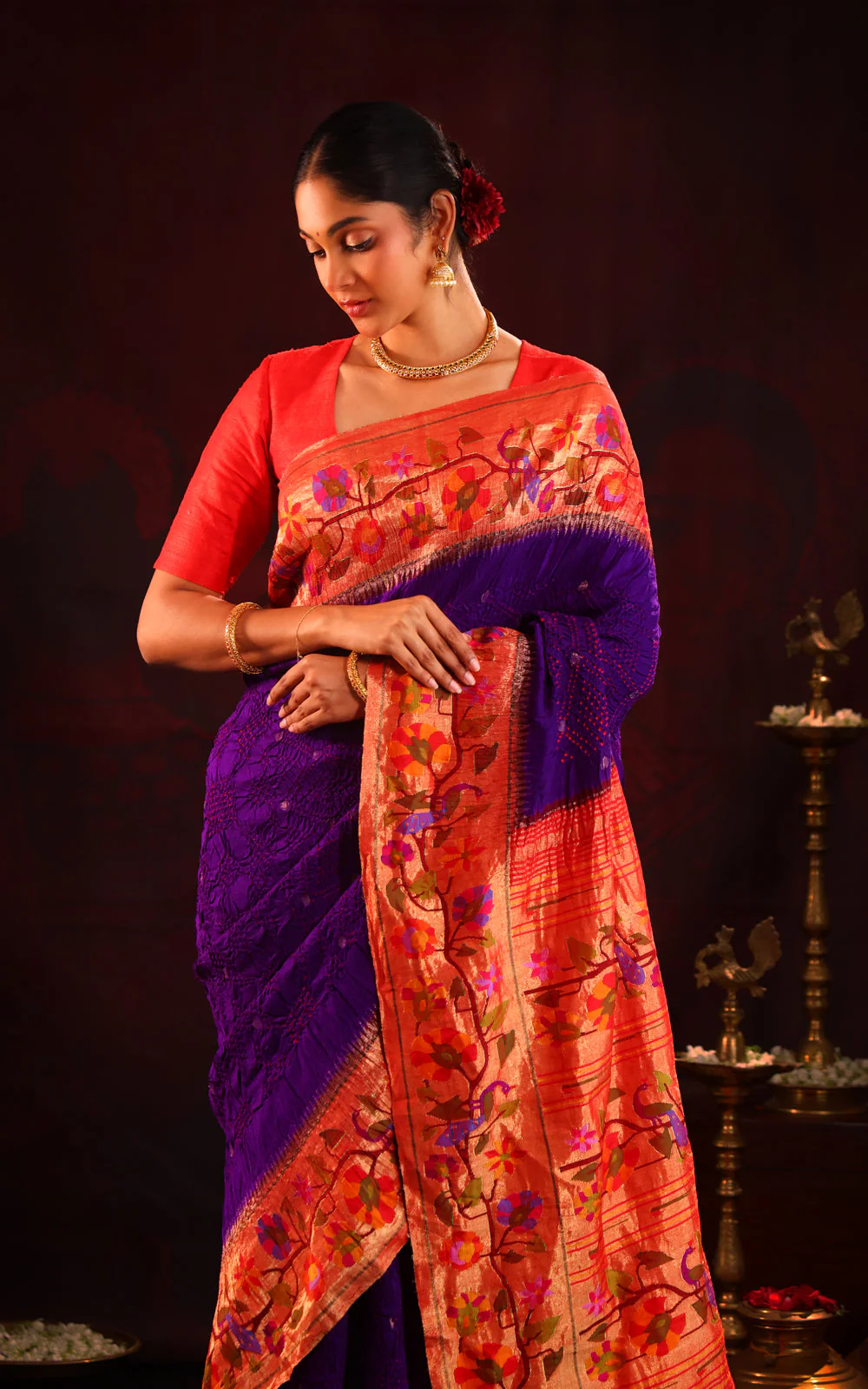 Violet & Red Pure Paithani Silk Saree With Bandhej - Image 3