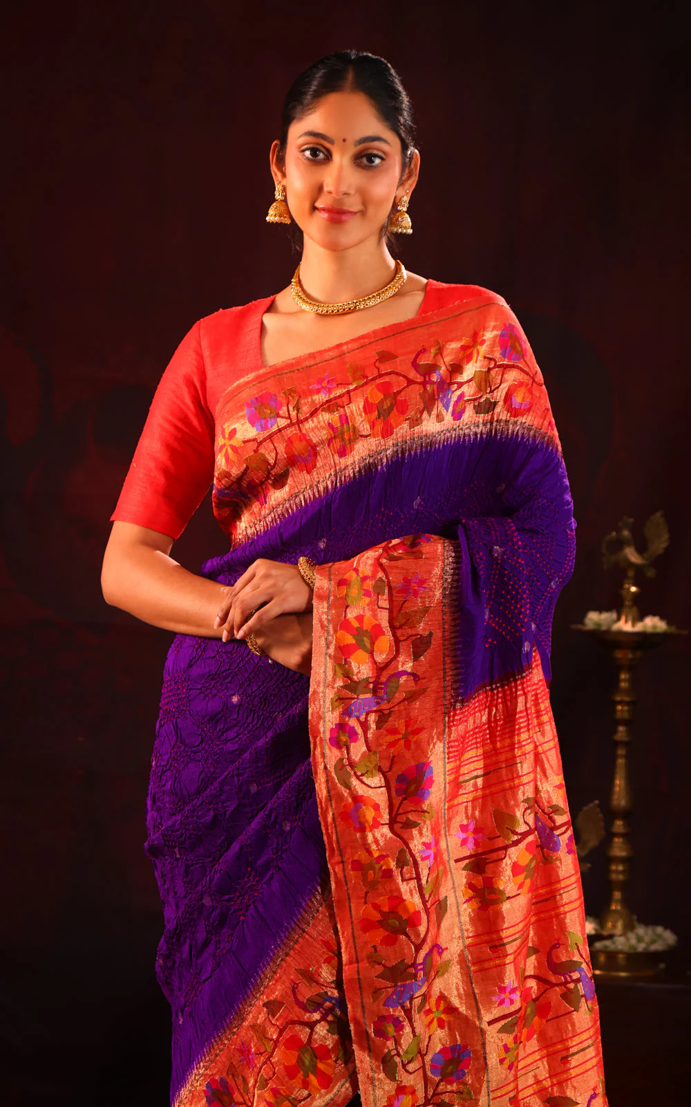 Violet & Red Pure Paithani Silk Saree With Bandhej - Image 4
