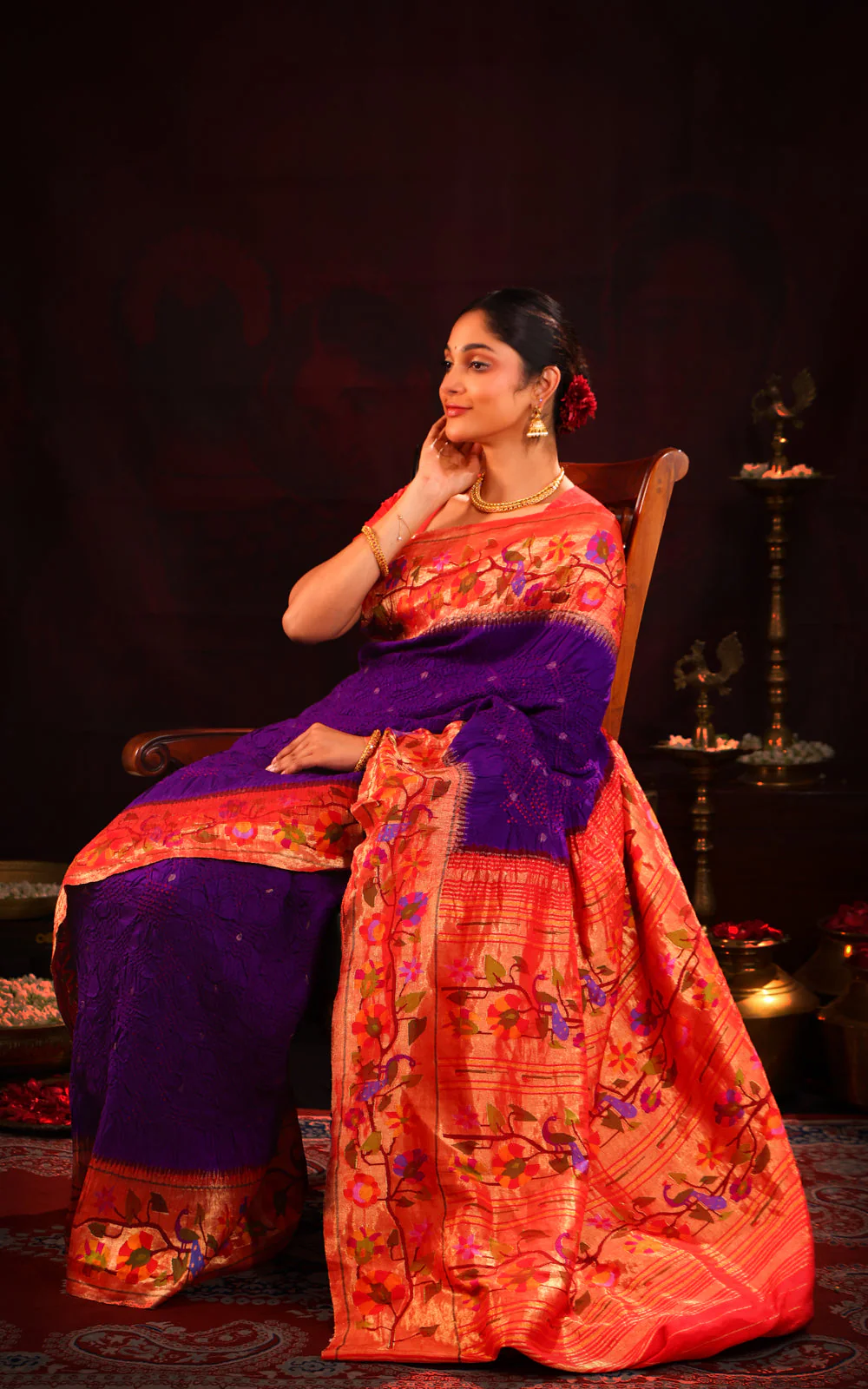 Violet & Red Pure Paithani Silk Saree With Bandhej - Image 5