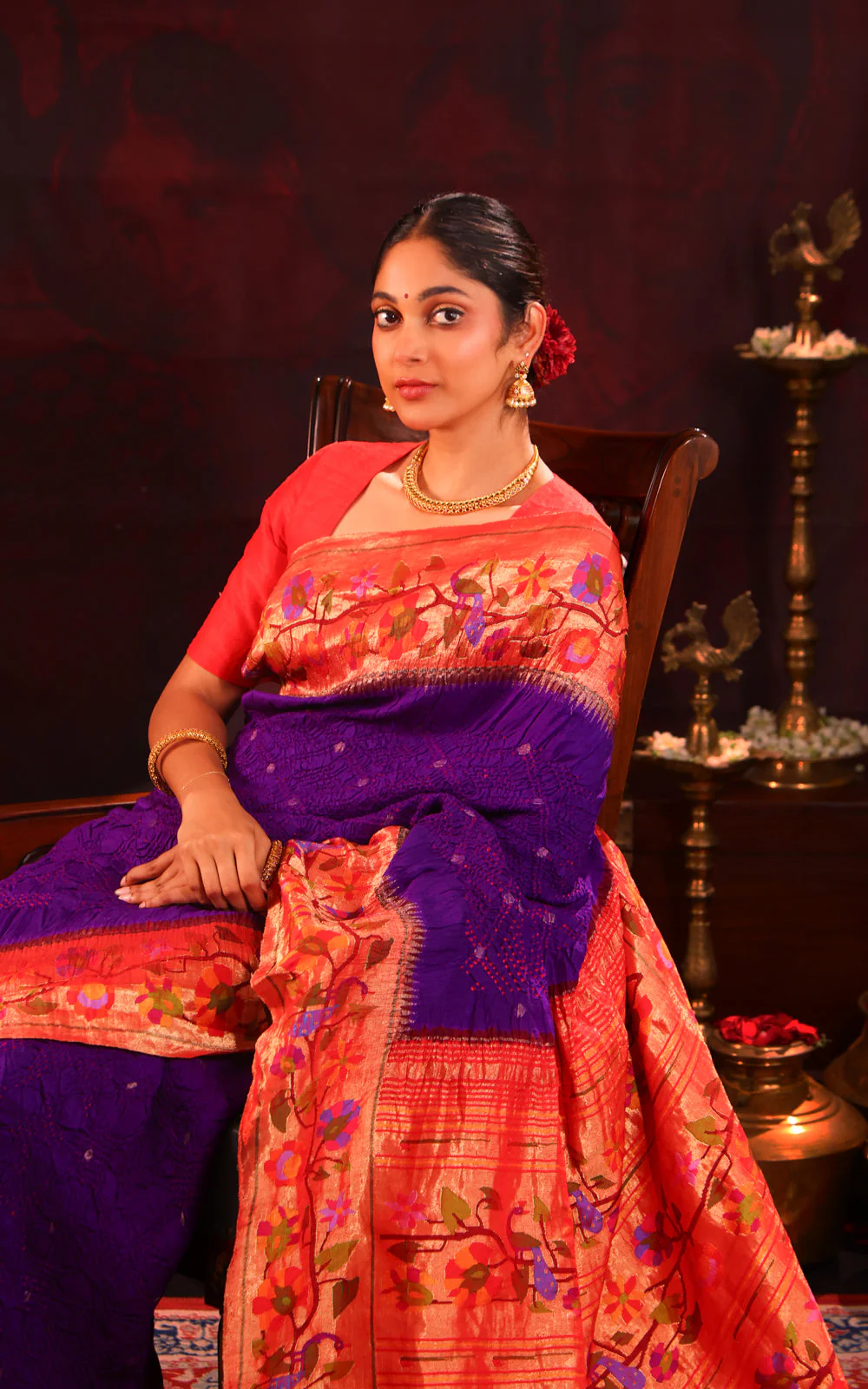 Violet & Red Pure Paithani Silk Saree With Bandhej - Image 6