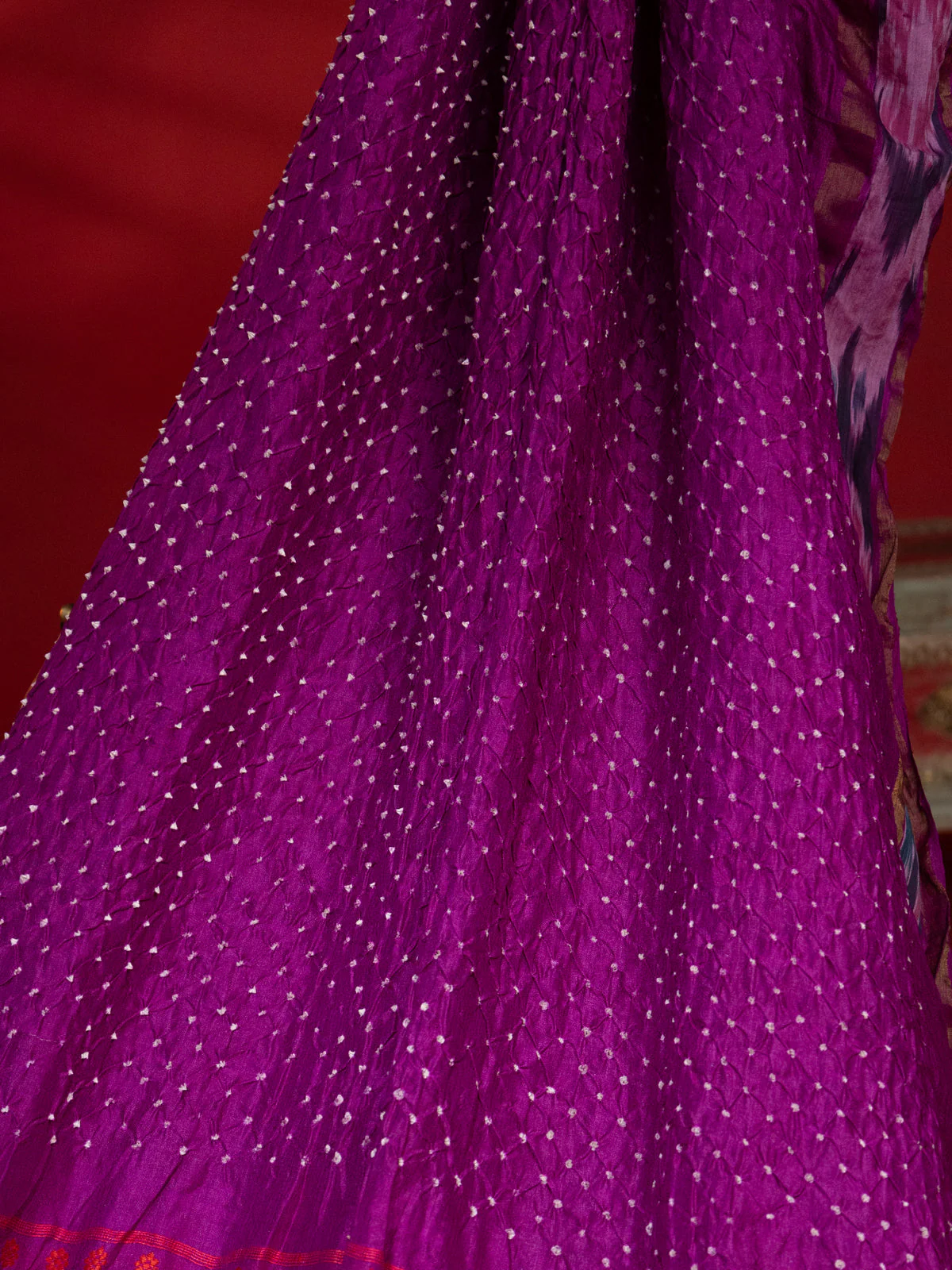 Purple Tussar Silk Saree With Bandhej And Kantha Work - Image 2