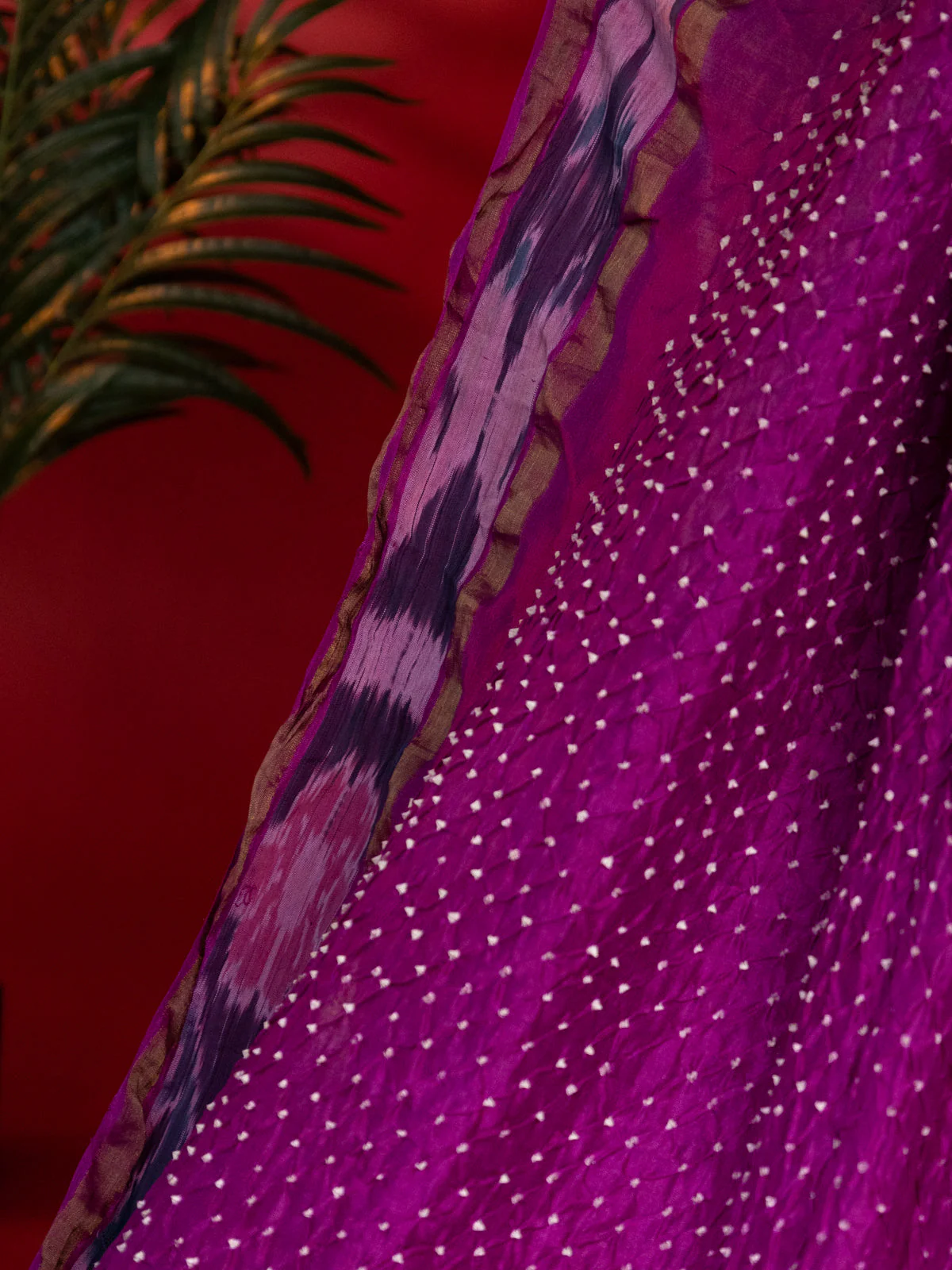 Purple Tussar Silk Saree With Bandhej And Kantha Work - Image 3