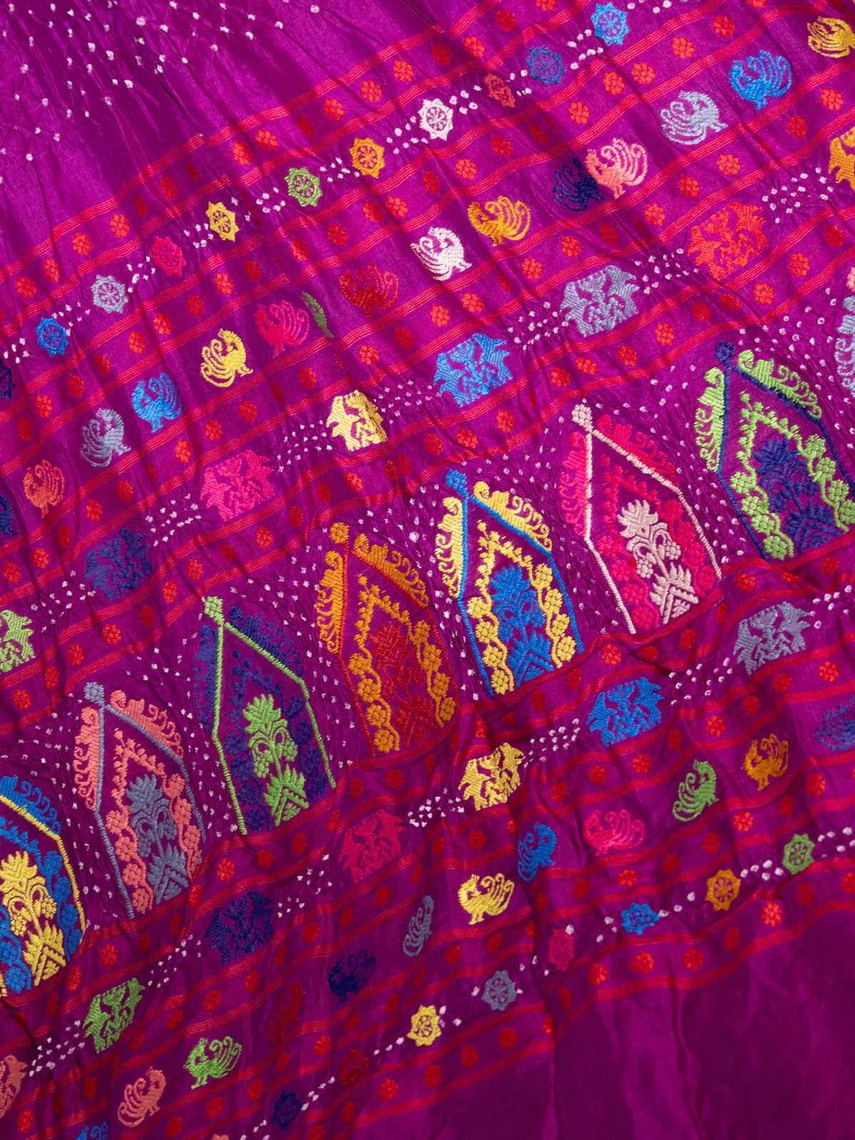 Purple Tussar Silk Saree With Bandhej And Kantha Work - Image 4