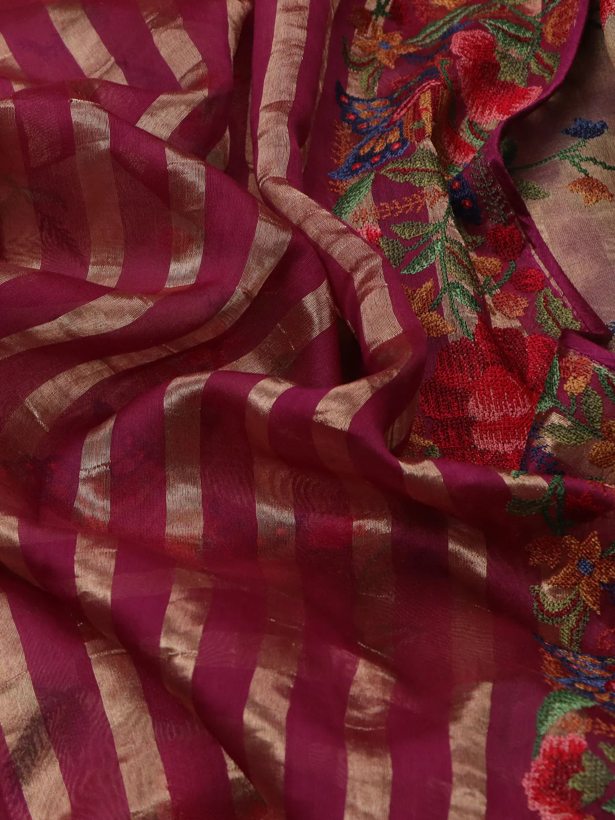 Purple-Beige Chanderi Cotton Saree With Embroidery - Image 3