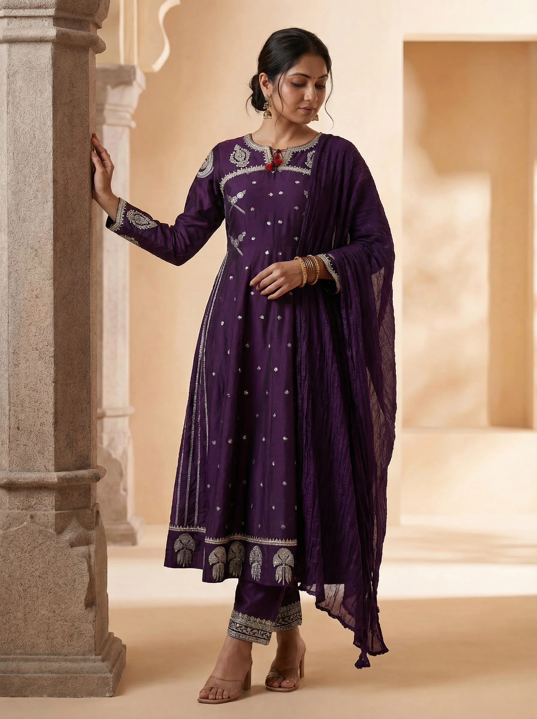 Purple Embroidered Raw Silk Anarkali Set With Pant And Dupatta