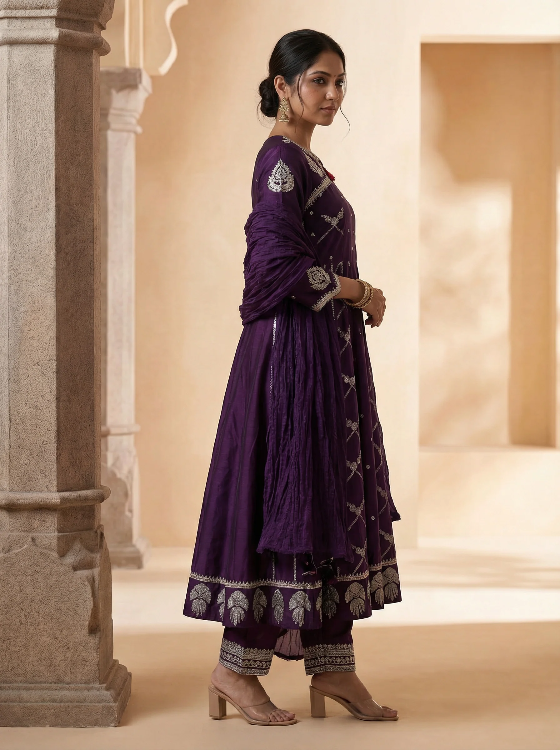 Purple Embroidered Raw Silk Anarkali Set With Pant And Dupatta - Image 2