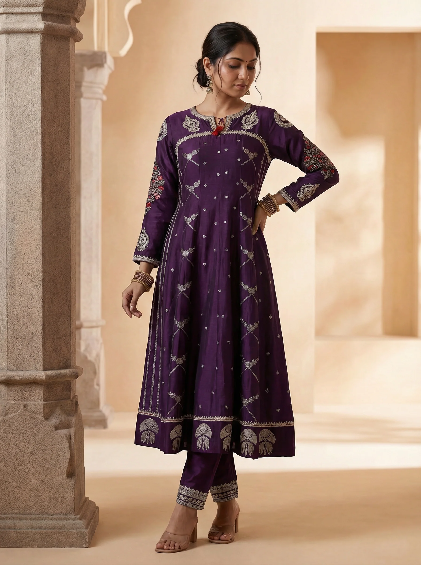 Purple Embroidered Raw Silk Anarkali Set With Pant And Dupatta - Image 3