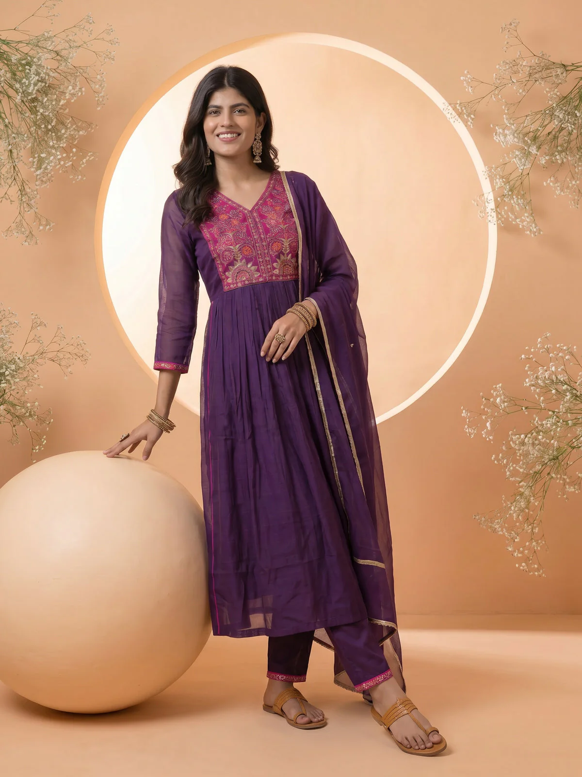 Purple Mul Chanderi Anarkali Suit - Image 3