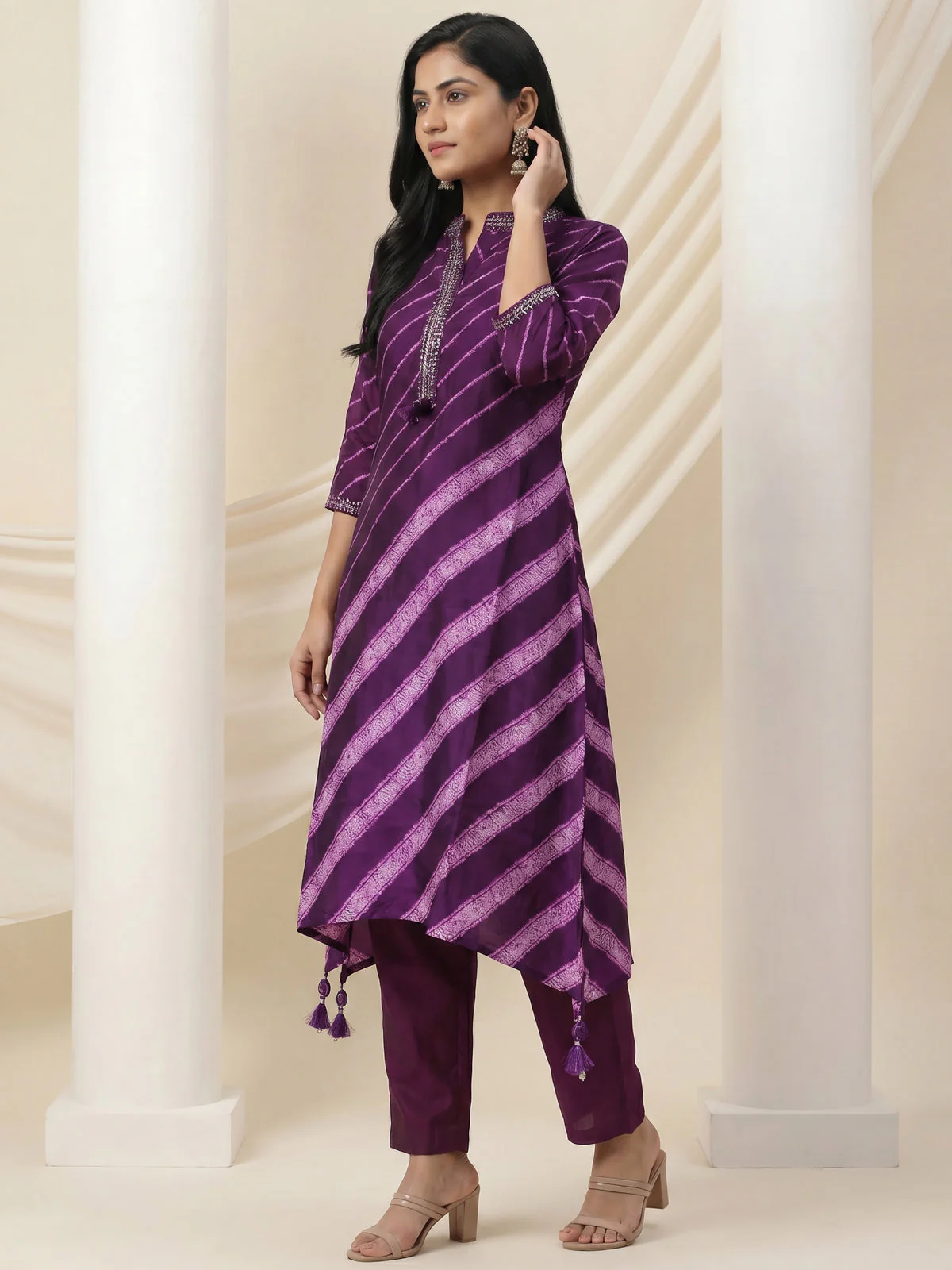 Purple Muslin Tail cut Kurti and Pant Set - Image 3