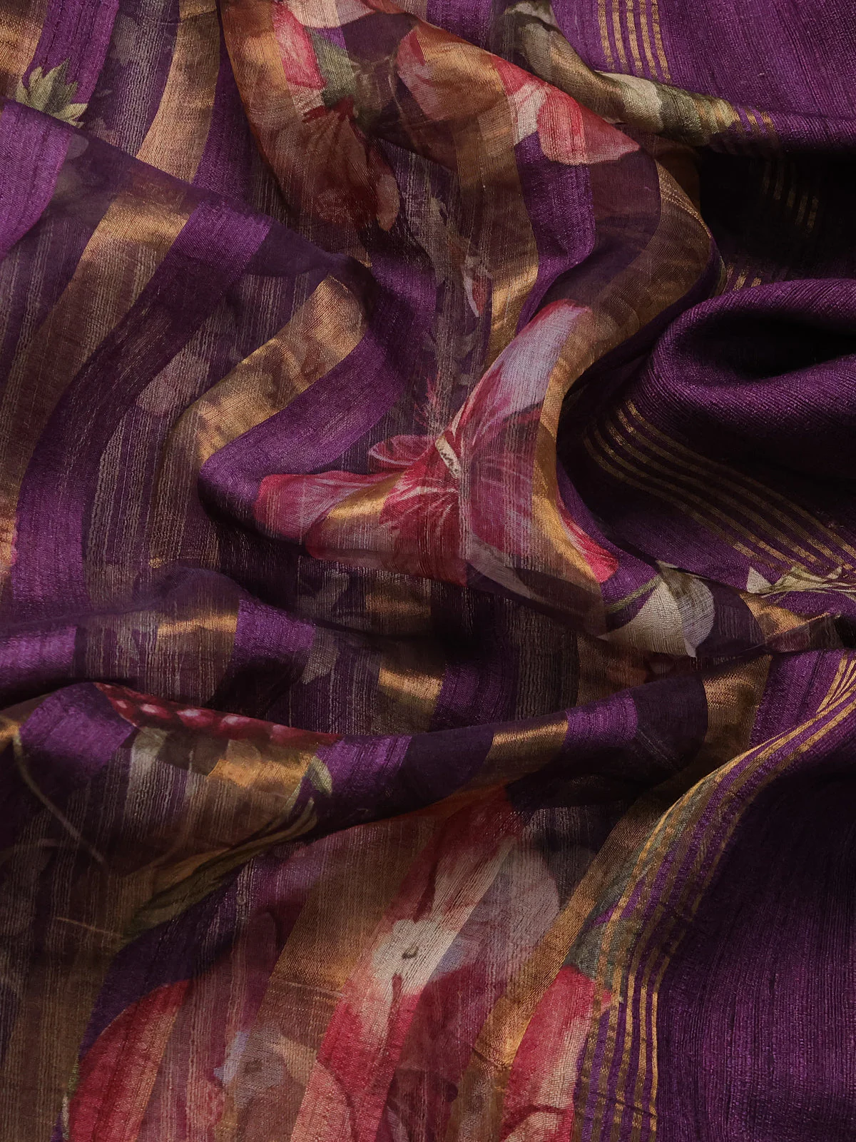 Purple Organza Tissue Tussar Silk Saree With Digital Prints - Image 3