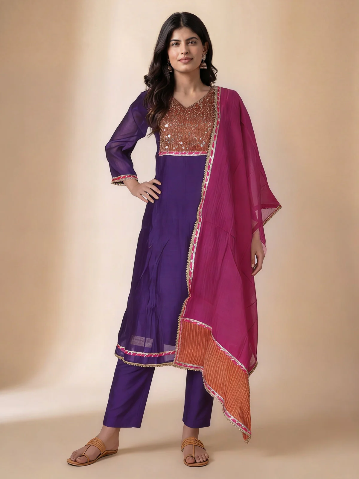 Purple-Pink Mul Chanderi Anarkali Suit - Image 3