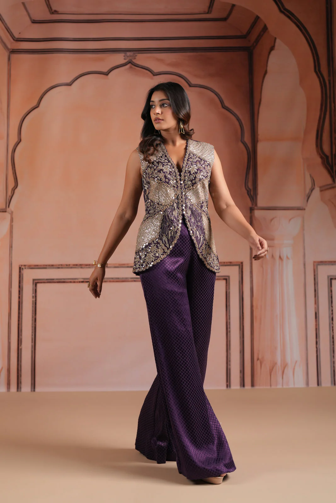 Purple Satin Crepe Indo Western Sleeveless Outfit Intricate Embroidery & Wide-Leg Pant - Image 11