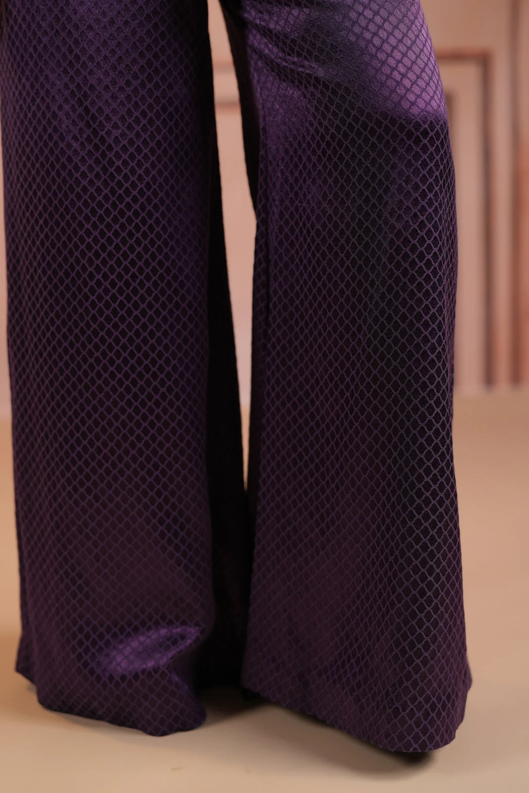 Purple Satin Crepe Indo Western Sleeveless Outfit Intricate Embroidery & Wide-Leg Pant - Image 14