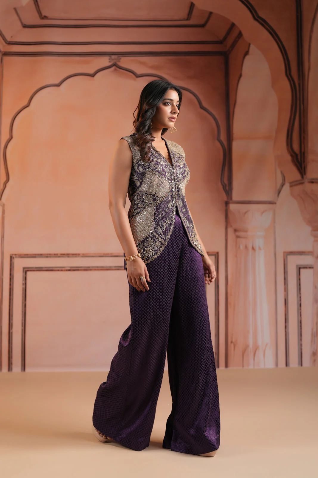 Purple Satin Crepe Indo Western Sleeveless Outfit Intricate Embroidery & Wide-Leg Pant - Image 3