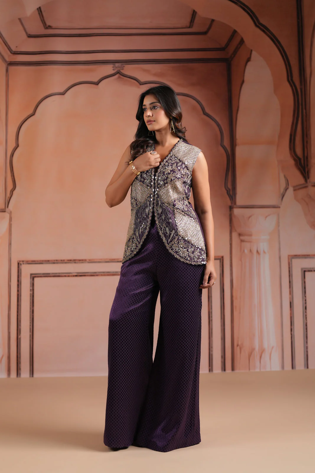 Purple Satin Crepe Indo Western Sleeveless Outfit Intricate Embroidery & Wide-Leg Pant - Image 4