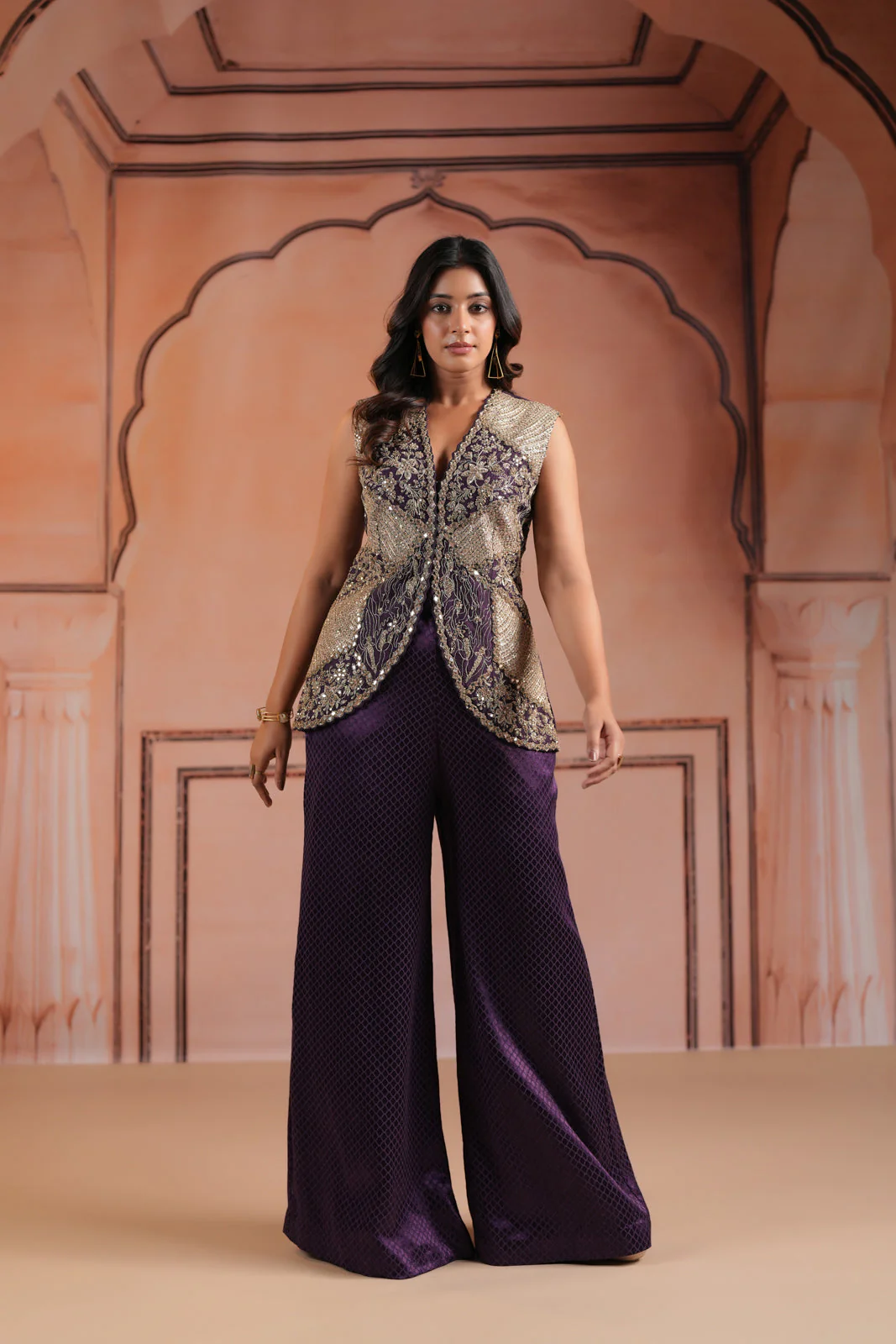 Purple Satin Crepe Indo Western Sleeveless Outfit Intricate Embroidery & Wide-Leg Pant - Image 5