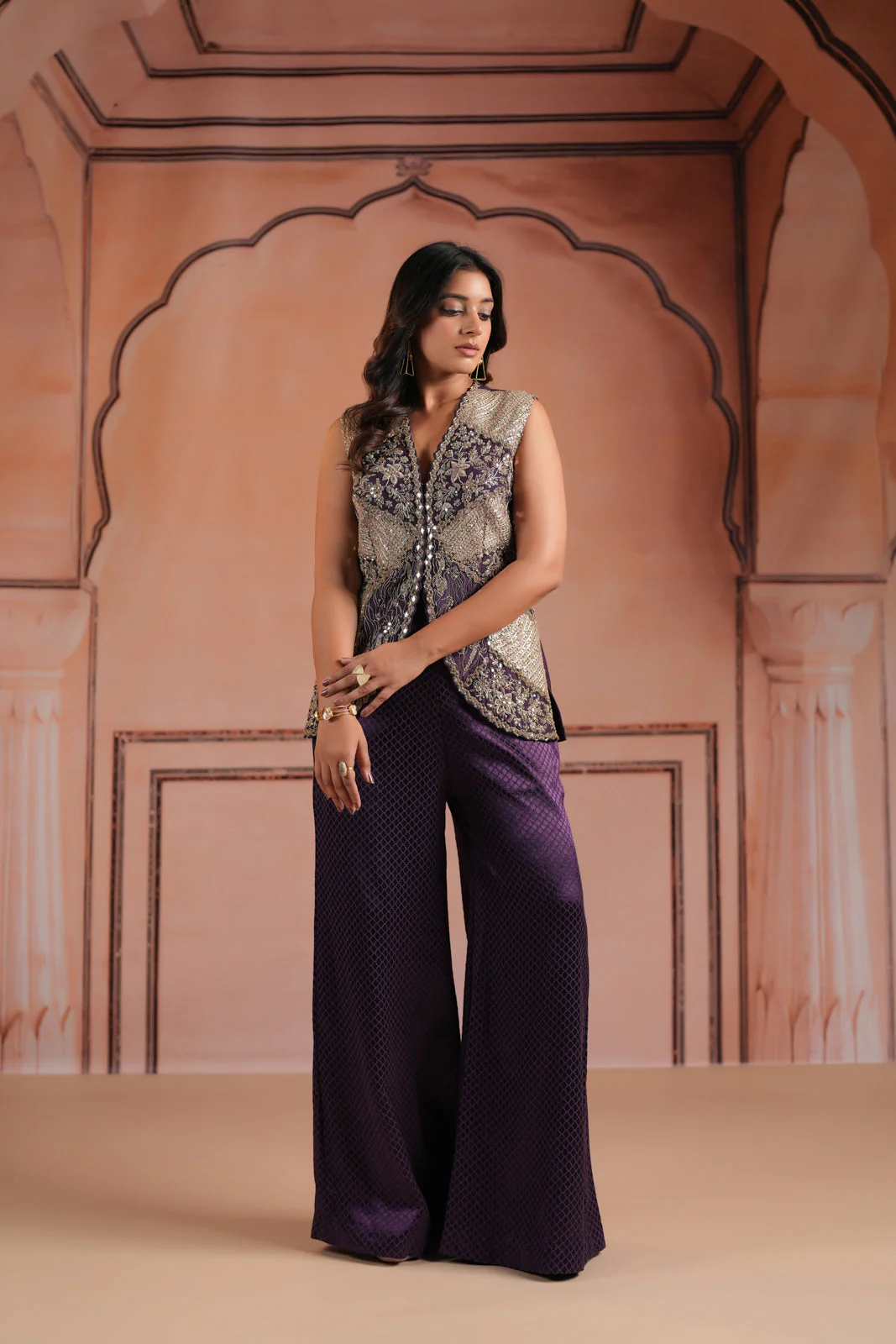 Purple Satin Crepe Indo Western Sleeveless Outfit Intricate Embroidery & Wide-Leg Pant - Image 6