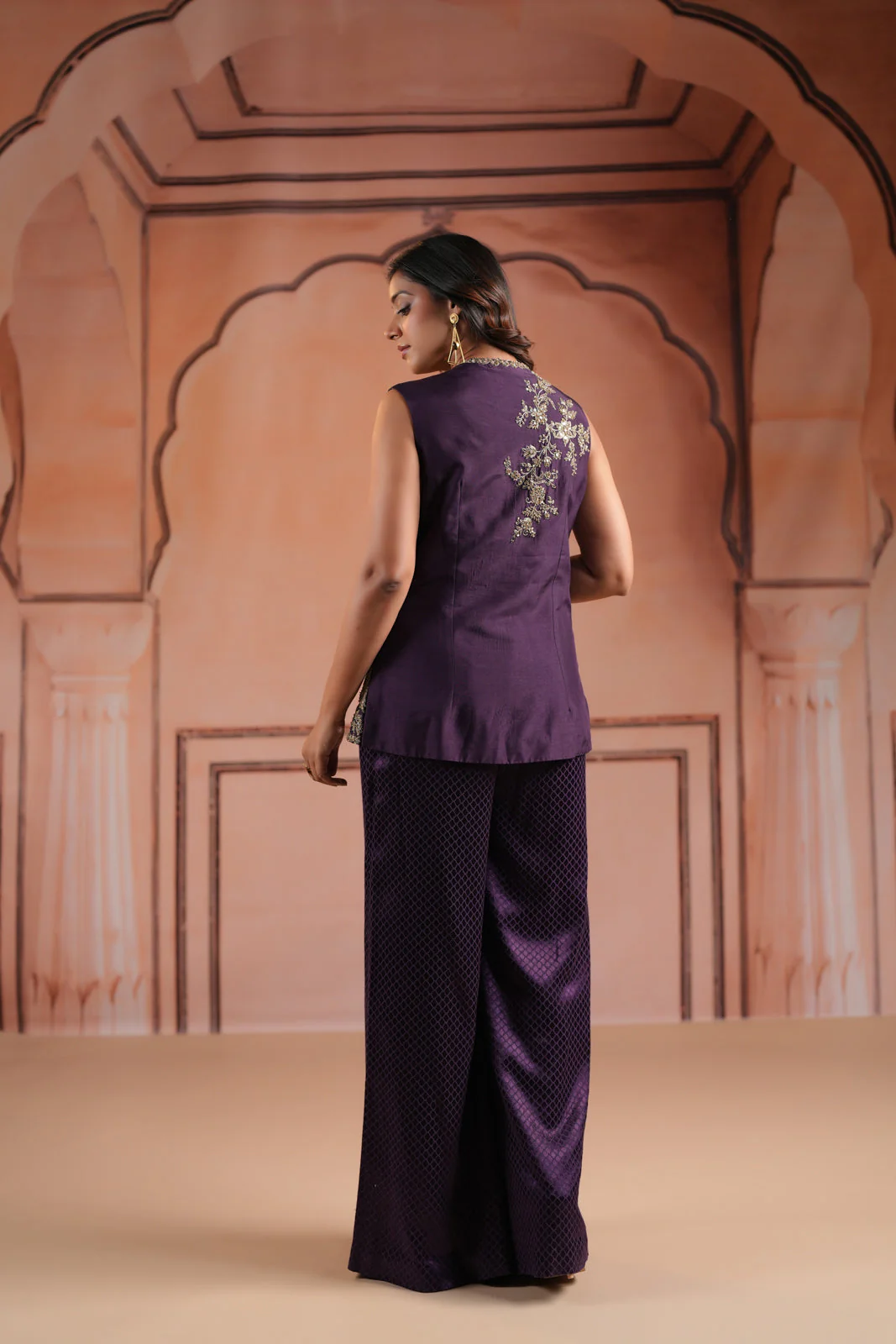Purple Satin Crepe Indo Western Sleeveless Outfit Intricate Embroidery & Wide-Leg Pant - Image 7