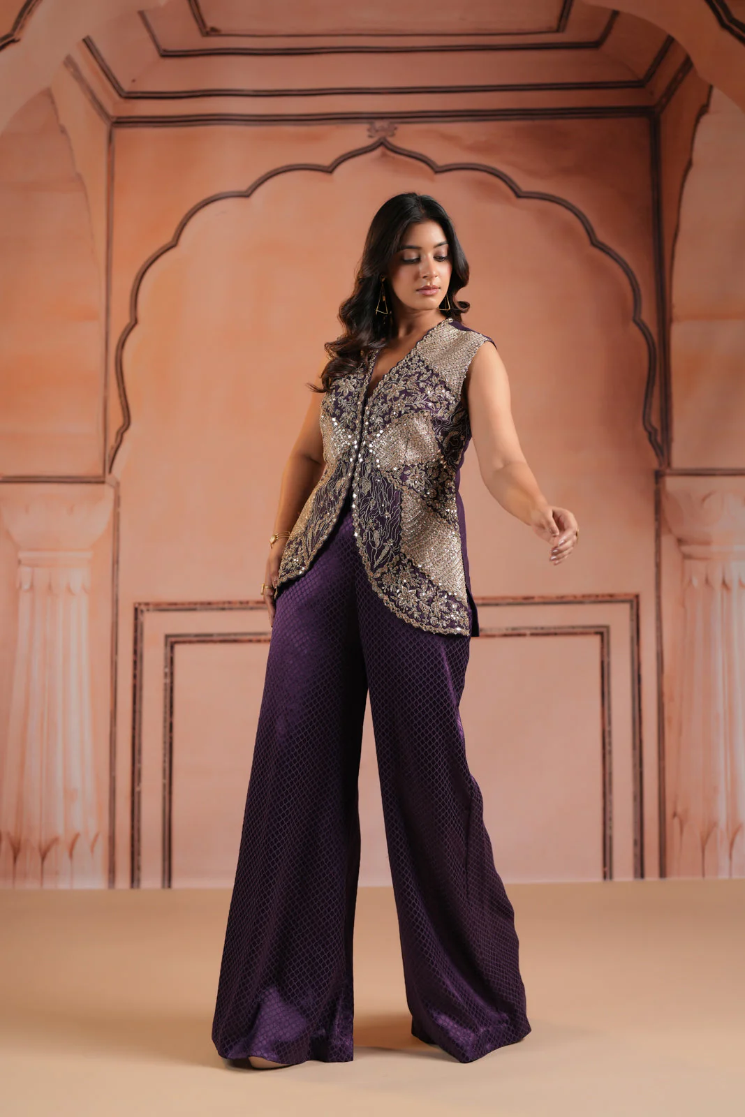 Purple Satin Crepe Indo Western Sleeveless Outfit Intricate Embroidery & Wide-Leg Pant - Image 8