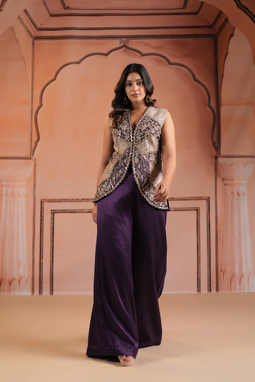 Purple Satin Crepe Indo Western Sleeveless Outfit Intricate Embroidery & Wide-Leg Pant - Image 9
