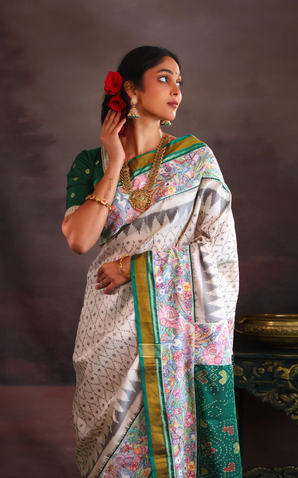 Off White & Green Rajkot Patola Silk Saree With Convent Embroidery - Image 3
