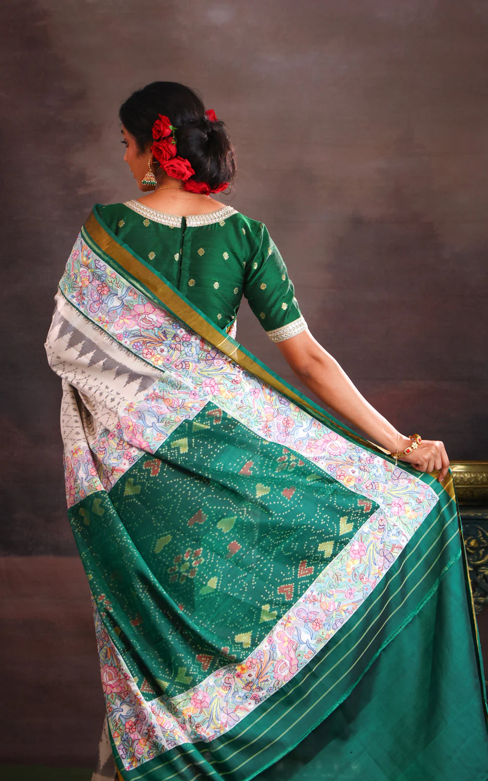 Off White & Green Rajkot Patola Silk Saree With Convent Embroidery - Image 5