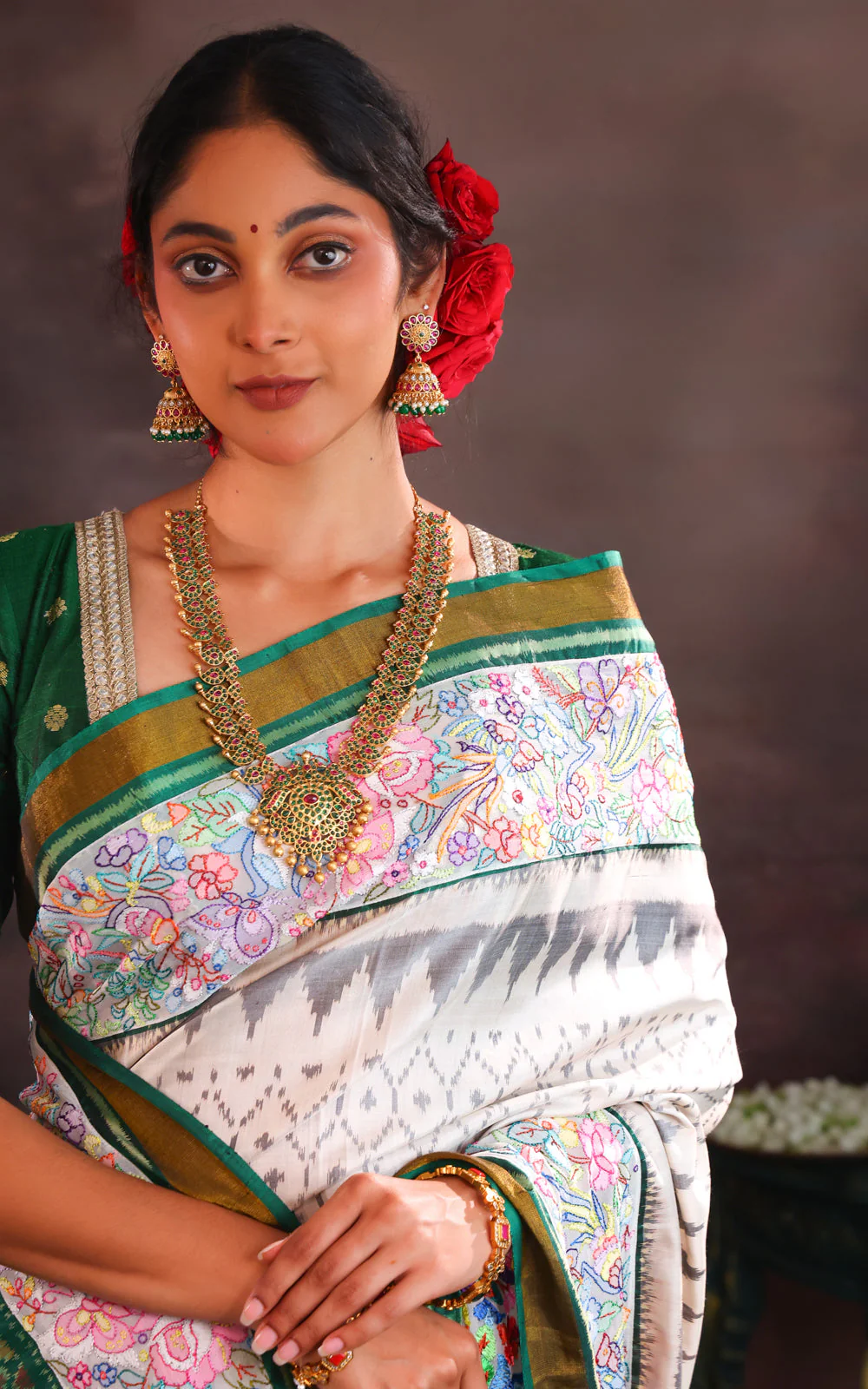 Off White & Green Rajkot Patola Silk Saree With Convent Embroidery - Image 6