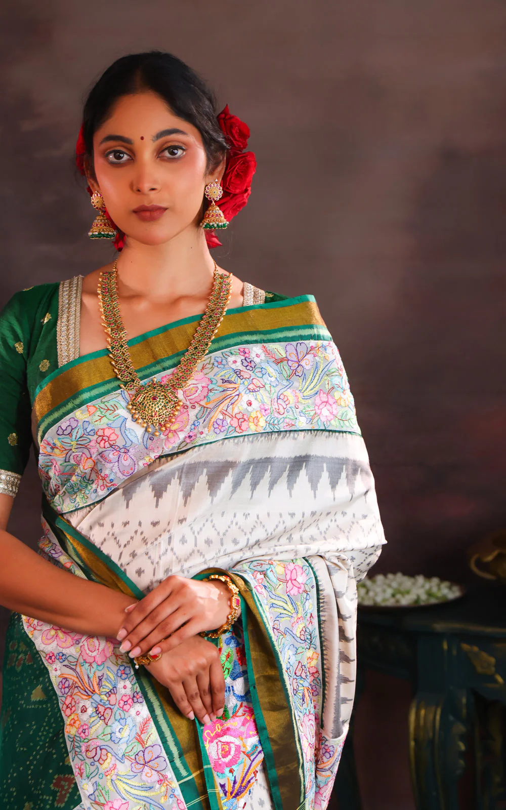 Off White & Green Rajkot Patola Silk Saree With Convent Embroidery - Image 7