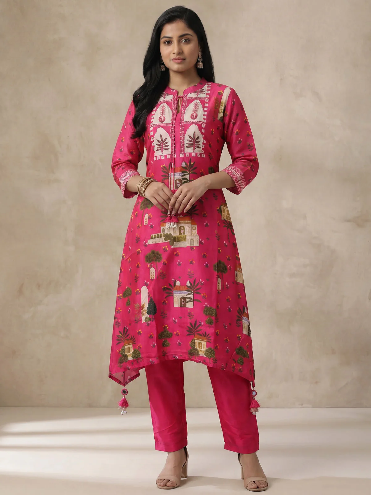 Rani Pink Muslin Tail cut Kurti and Pant Set - Image 2