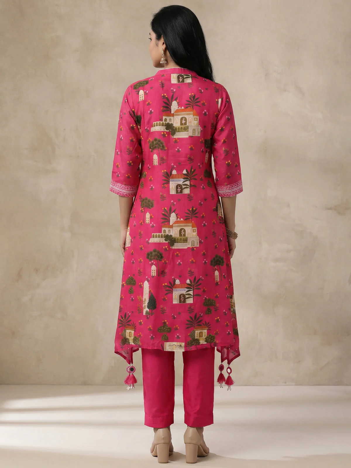 Rani Pink Muslin Tail cut Kurti and Pant Set - Image 3