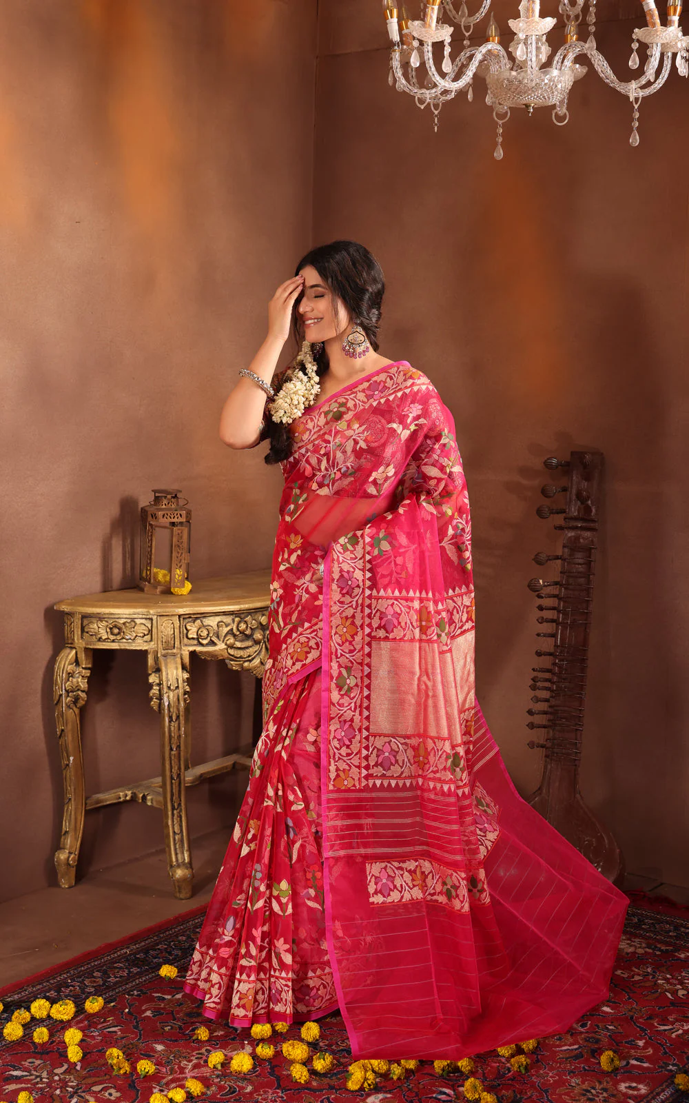 Dark Pink Real Zari Banarasi Kora Saree With Jamdani Weaves - Image 3