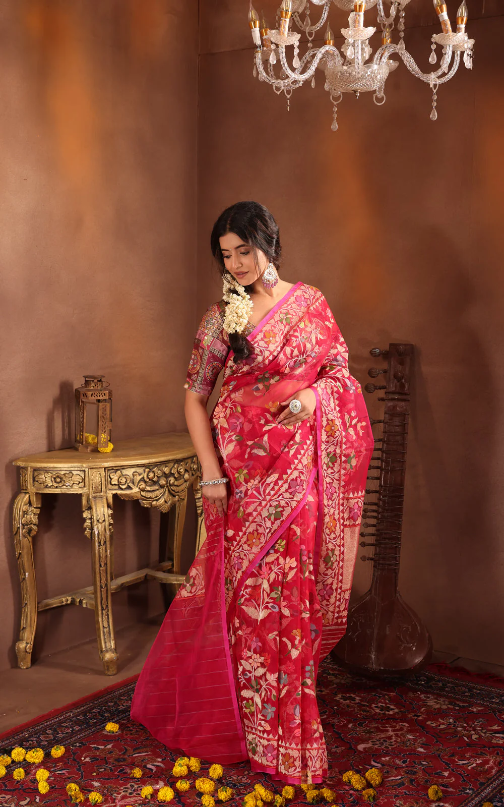 Dark Pink Real Zari Banarasi Kora Saree With Jamdani Weaves - Image 4